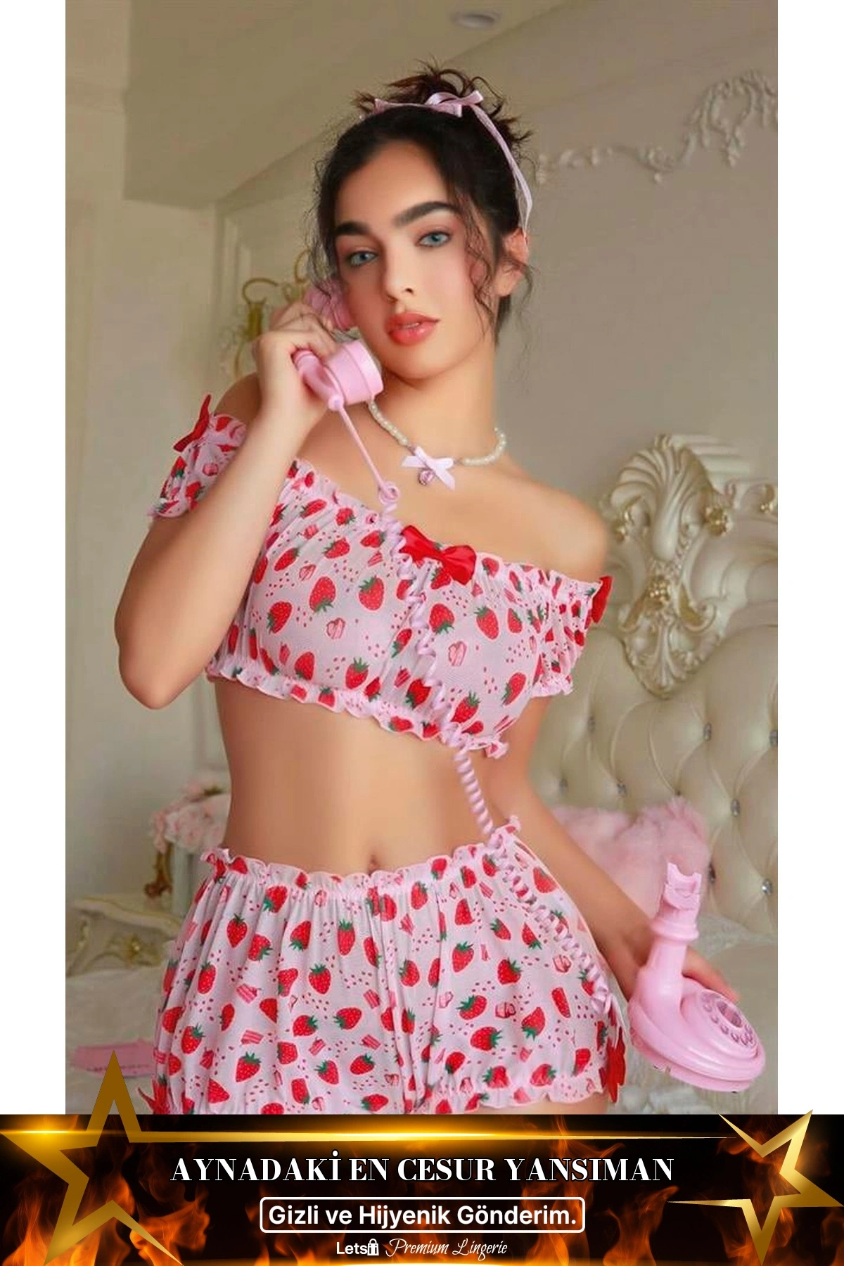 Çilek Desenli Şortlu Fantezi Sütyen Takımı Standart Renk