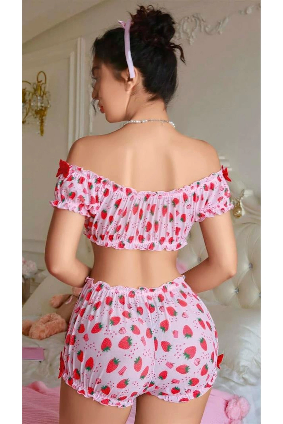 Çilek Desenli Şortlu Fantezi Sütyen Takımı Standart Renk