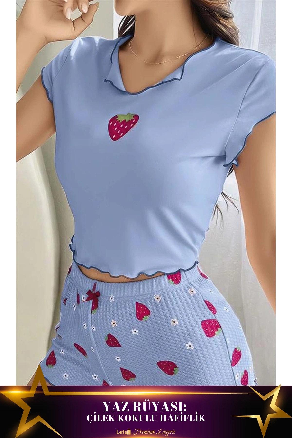 Çilek Desenli Şortlu Pijama Takımı Mavi Renk