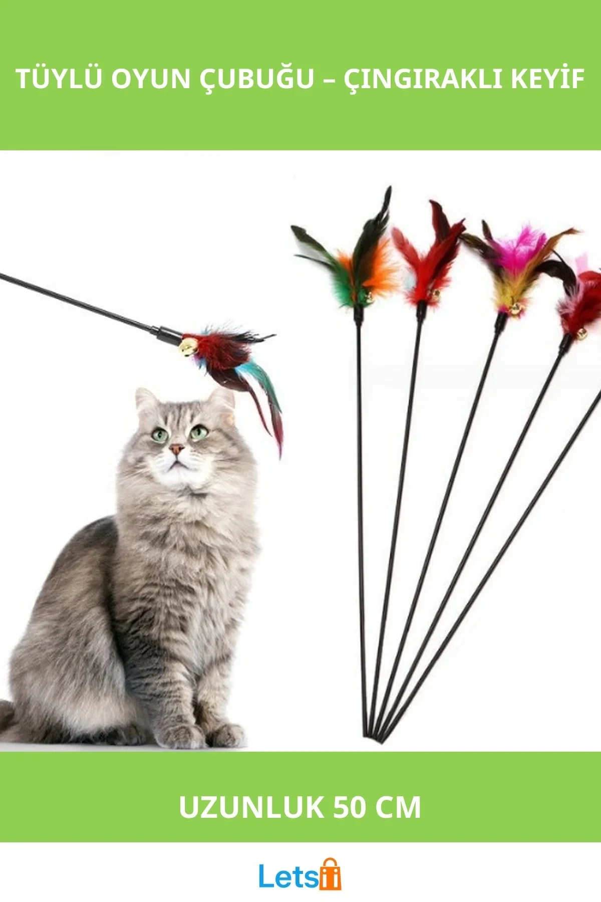 Çıngıraklı Tüylü Kedi Oyun Çubuğu 50 cm Eşsiz Eğlence