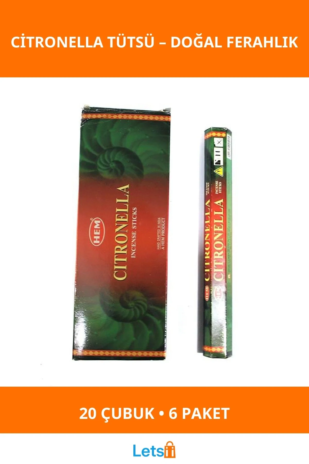 Citronella Aromalı Doğal Çubuk Tütsü 6 Paket 120 Adet