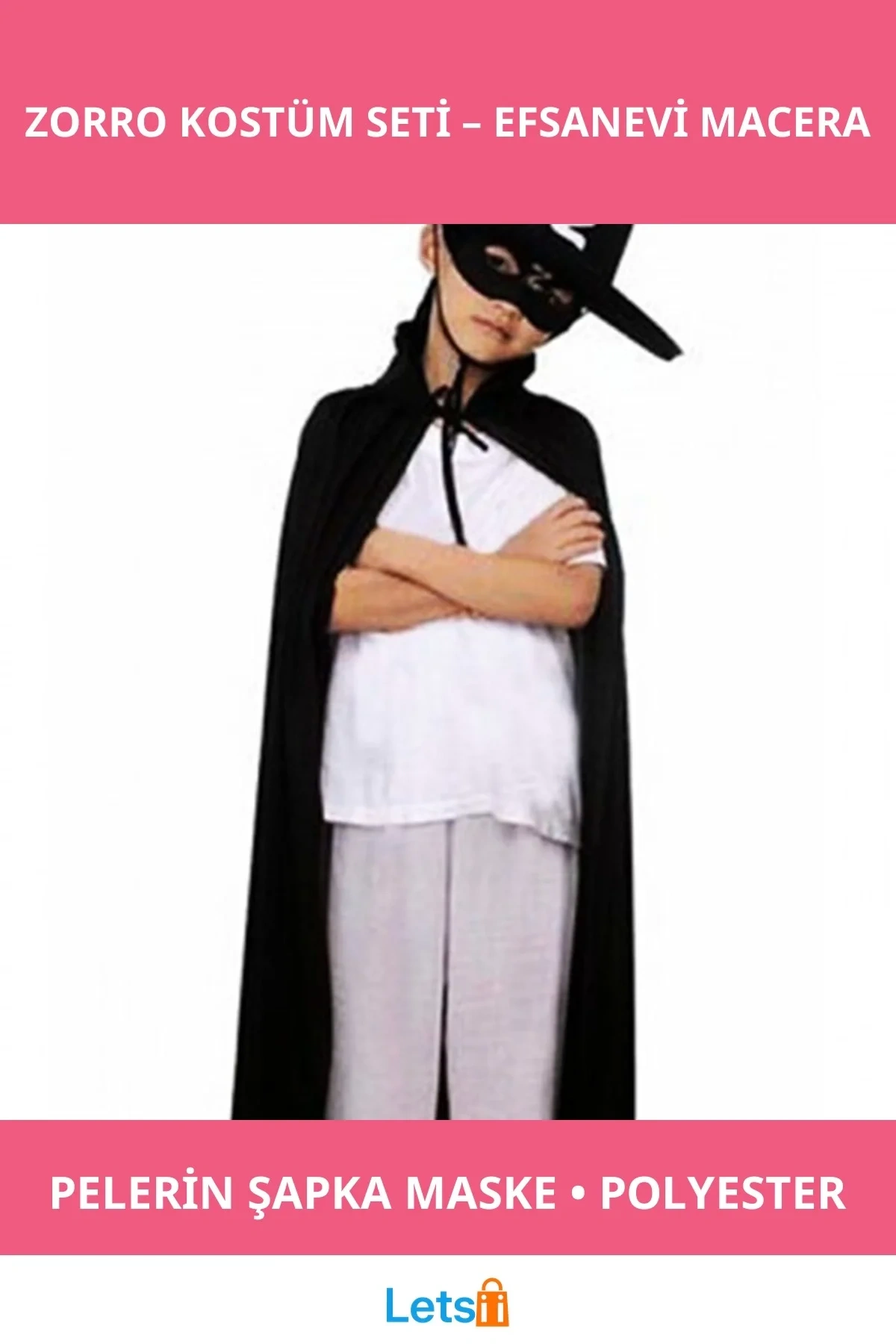 Çocuk Boy Siyah Zorro Pelerin Şapka Maske Kostüm Seti