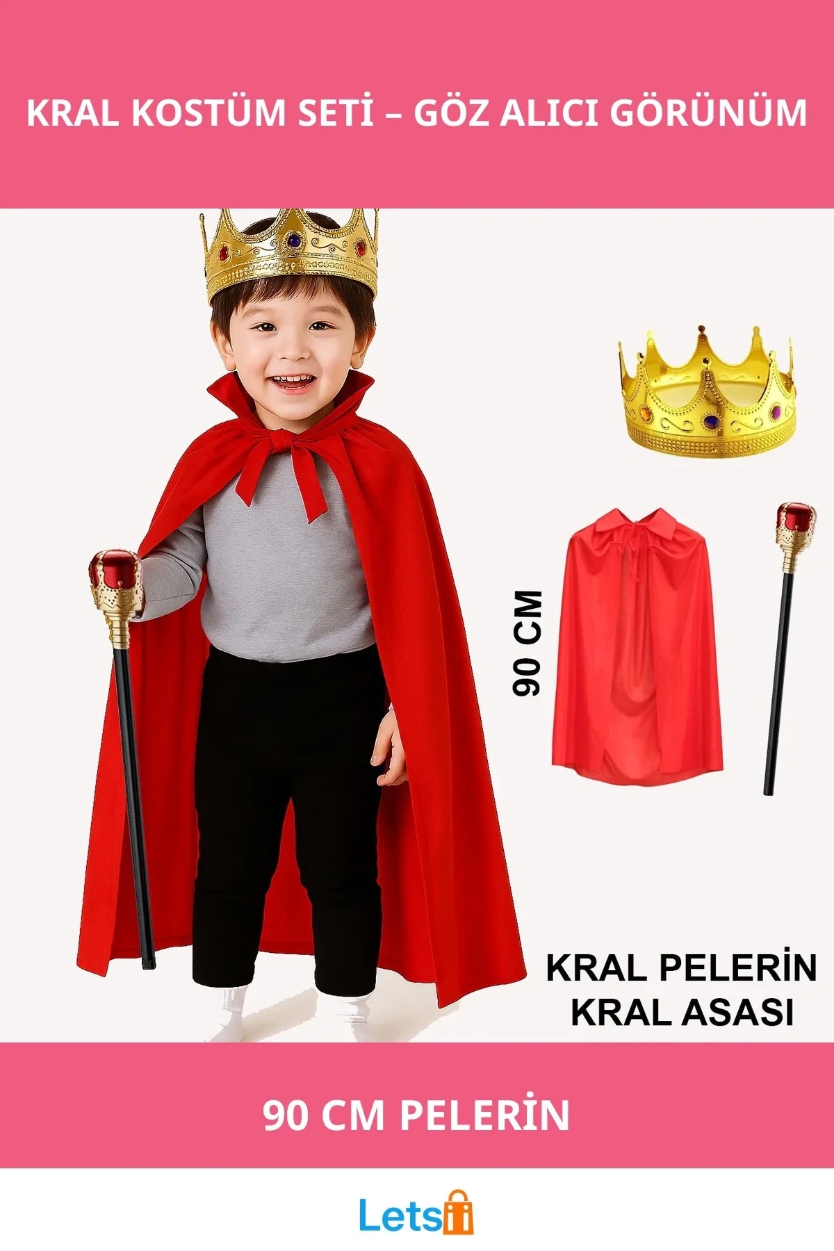 Çocuk Kral Kostüm Seti Kırmızı Pelerin, Altın Taç ve Asa