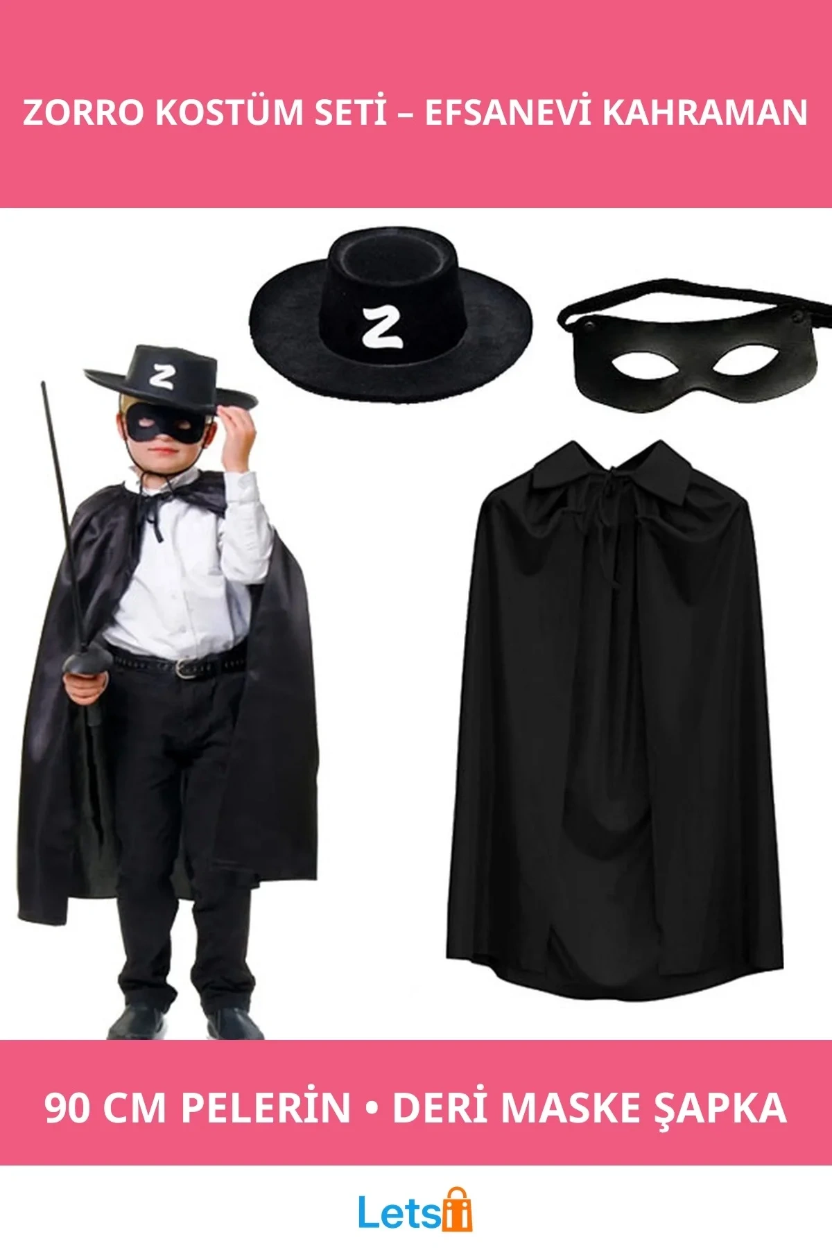 Çocuk Zorro Pelerin Şapkası ve Maske Seti