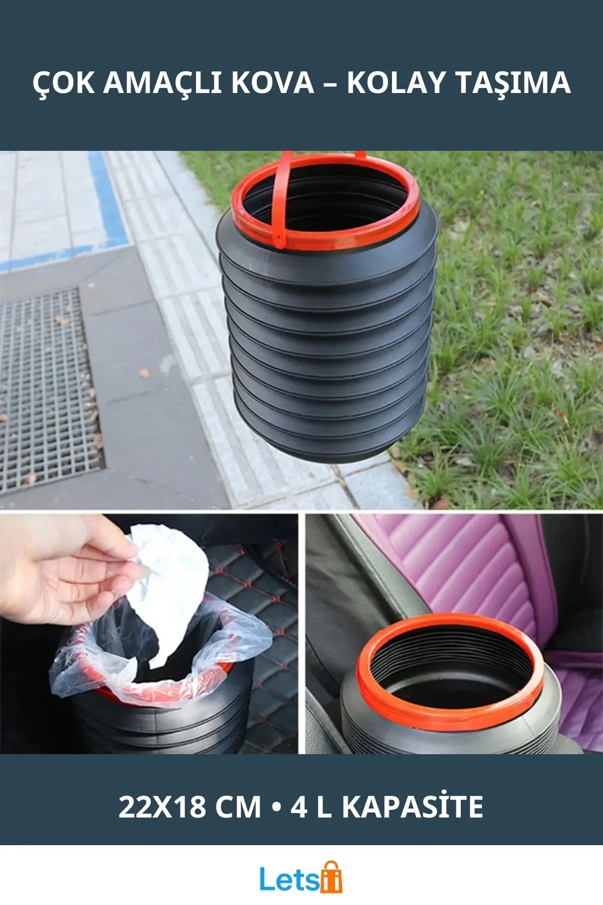 Çok Amaçlı Katlanabilir Pratik Araç İçi Kova 4 Litre