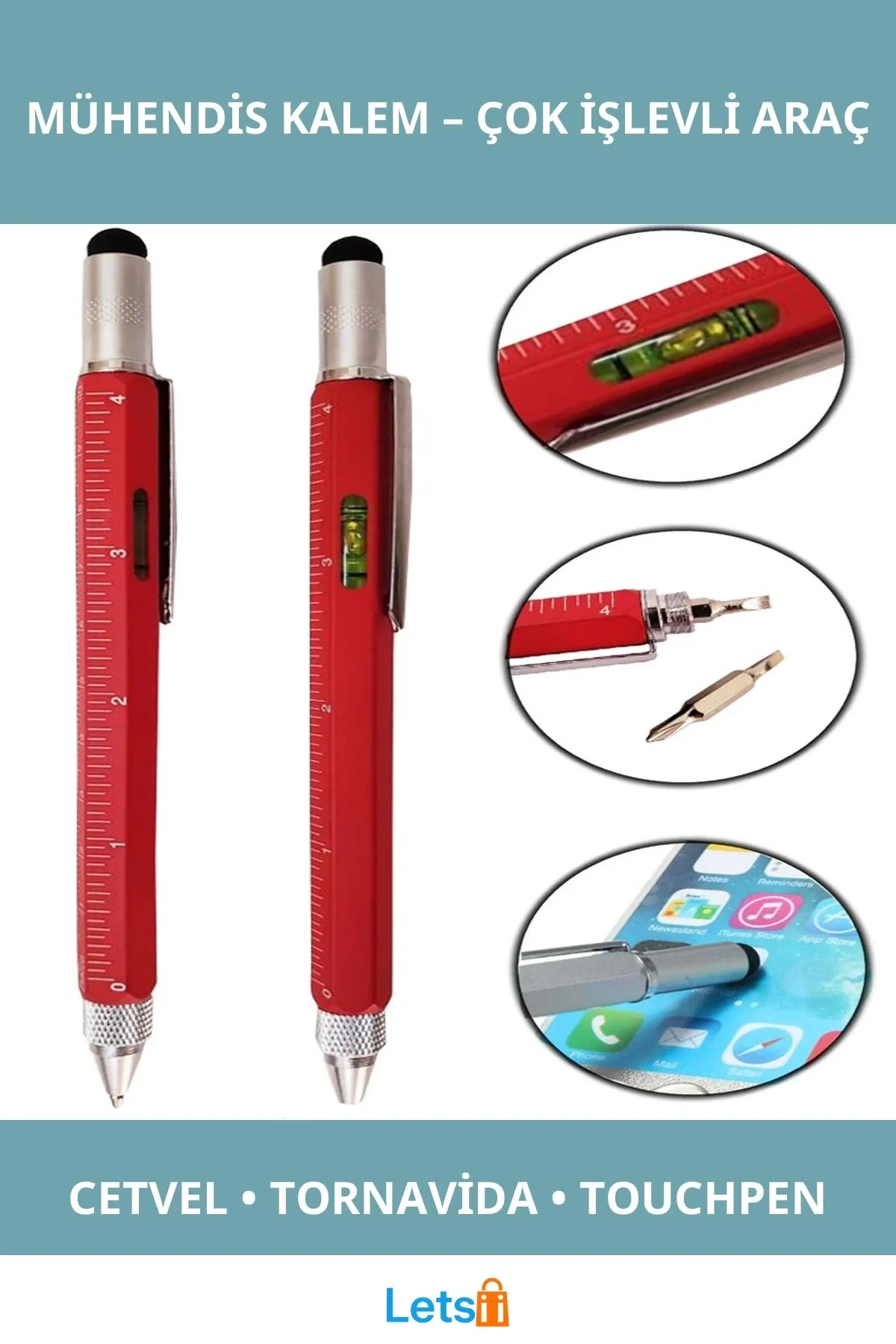 Çok Fonksiyonlu Metal Mühendis Kalem Cetvel Tornavida Su Terazisi