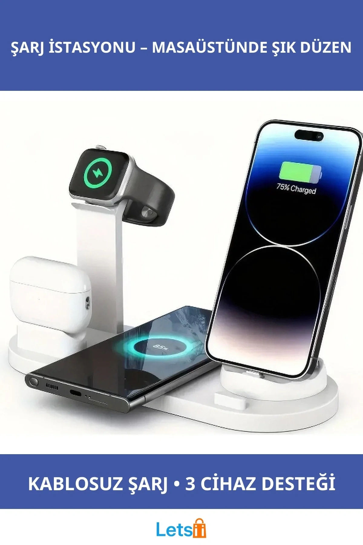 Çok İşlevli Kablosuz Şarj İstasyonu Beyaz Renk