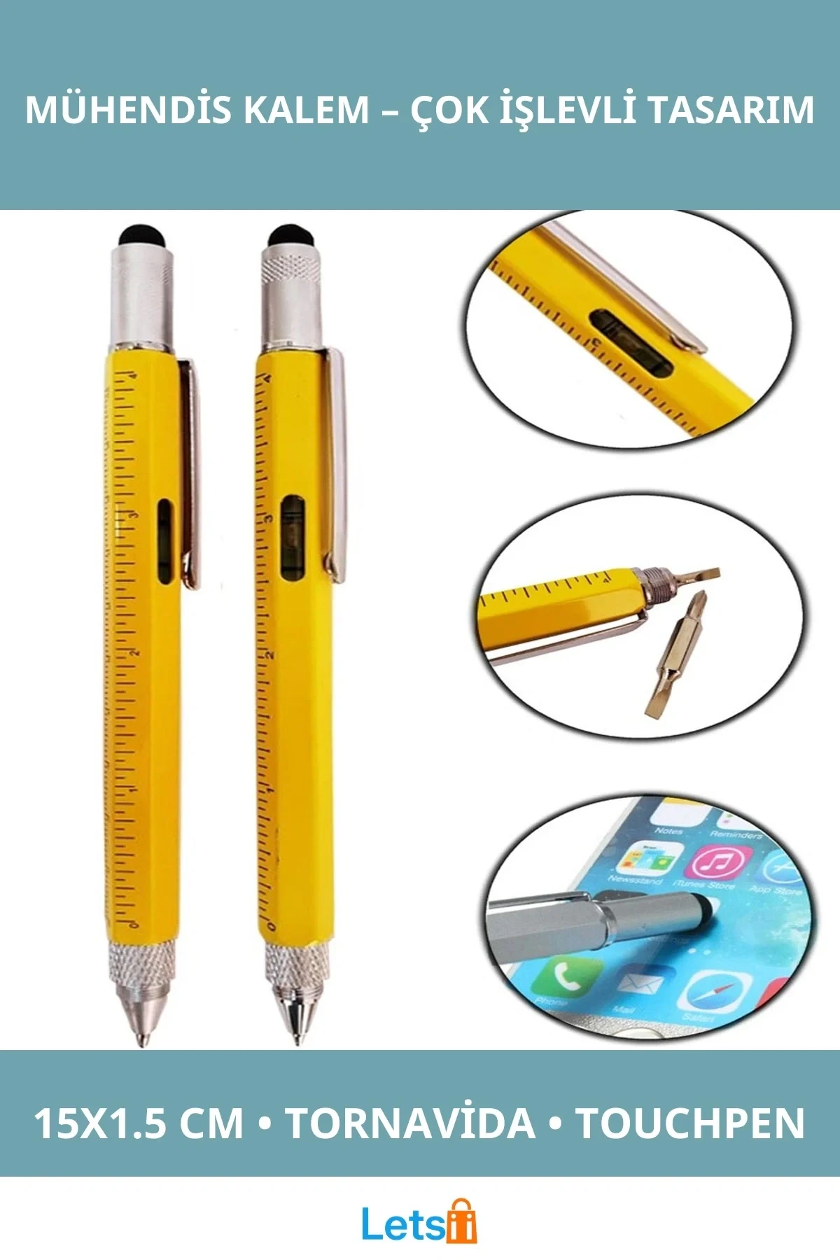 Çok İşlevli Sarı Mühendis Kalem 15cm Metal