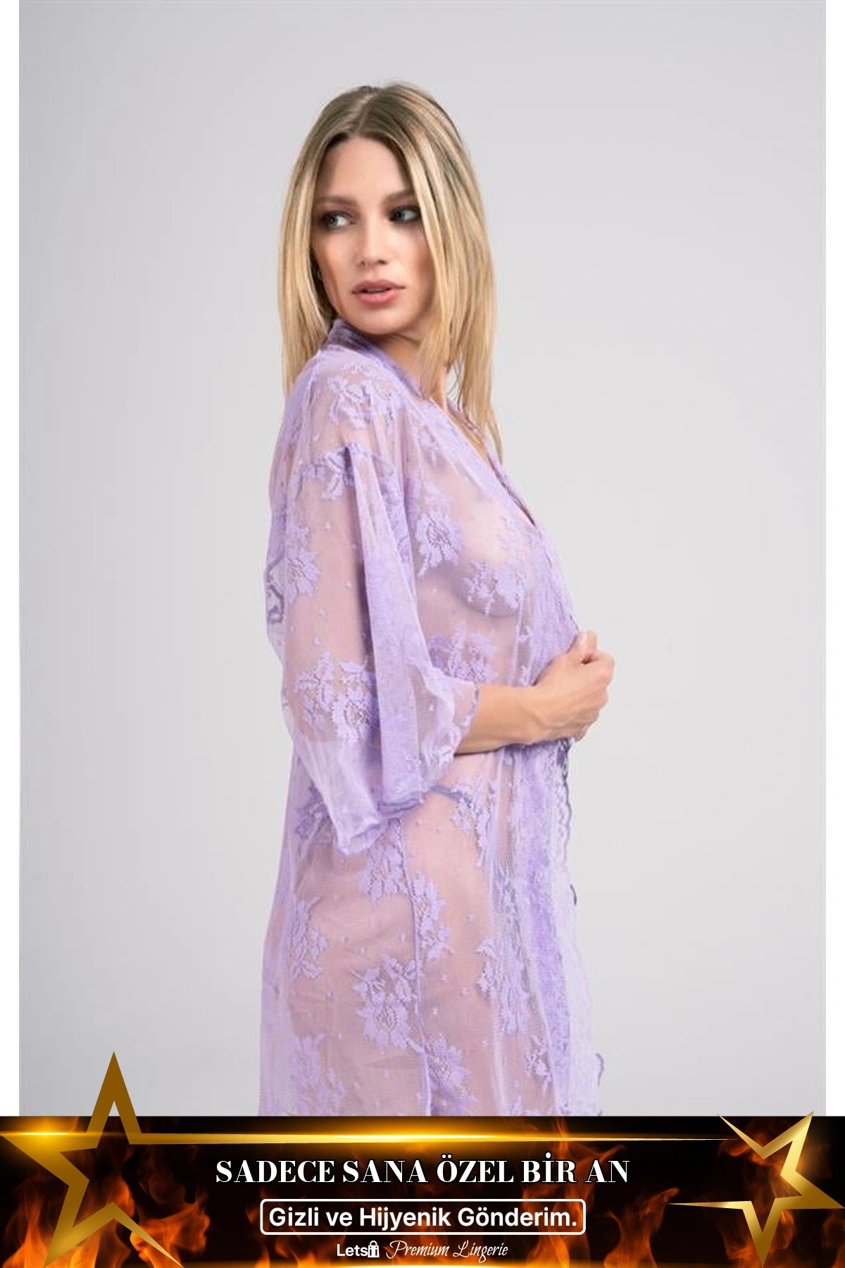 Dantel Detaylı Fantezi Sabahlık Ve String Takımı Lila Renk