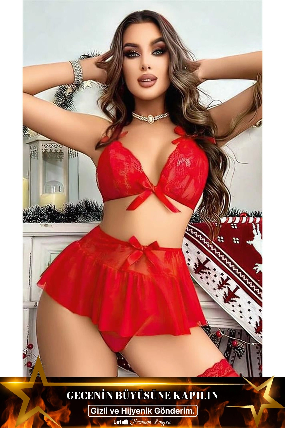 Dantel İşlemeli Etekli Sütyen Fantezi Takım Kırmızı Renk