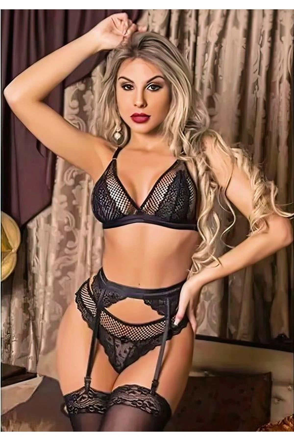 Dantel İşlemeli Fileli Fantezi Jartiyer Takımı Siyah Renk