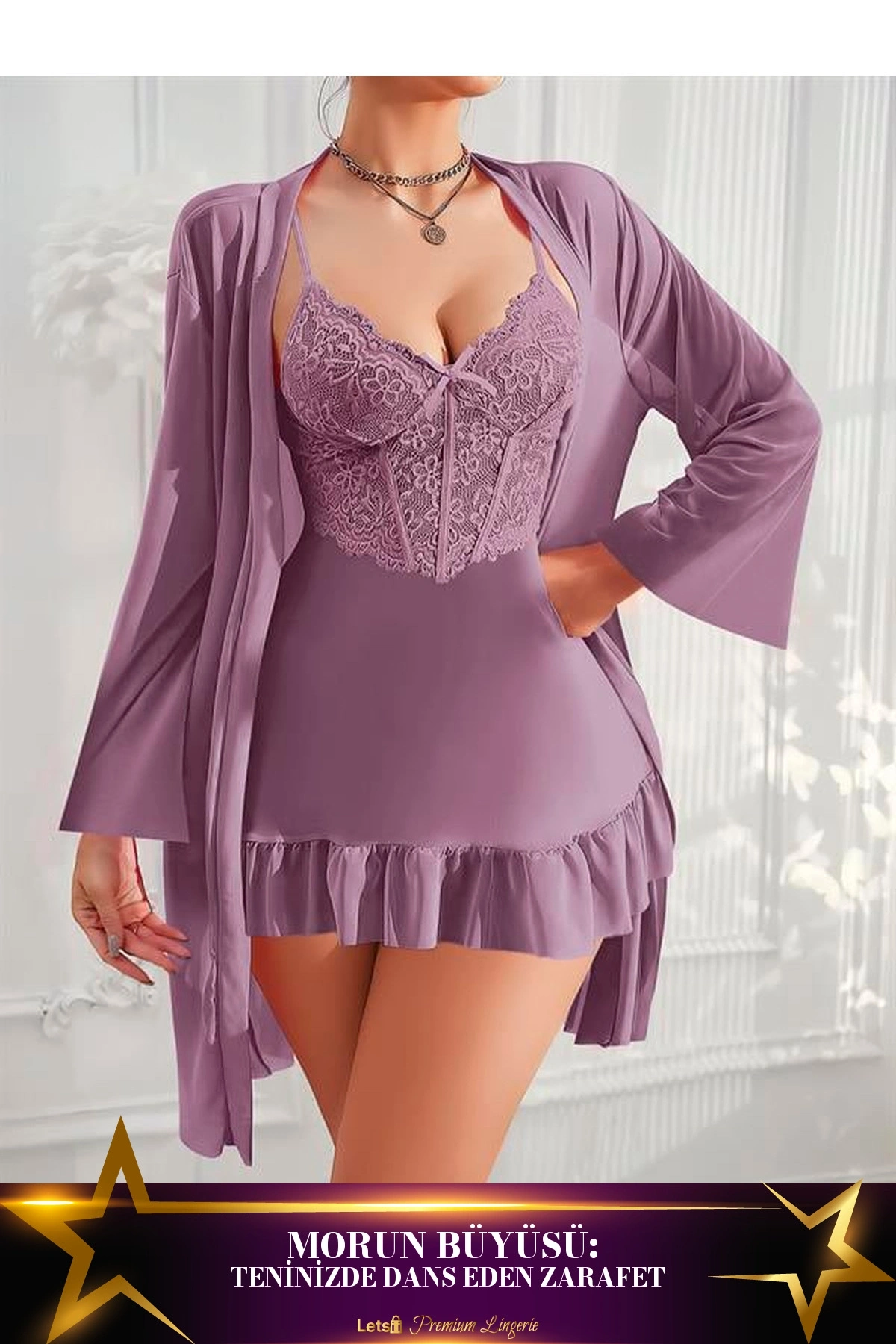 Dantel İşlemeli Fırfırlı Sabahlıklı Gecelik Takımı Mor Renk