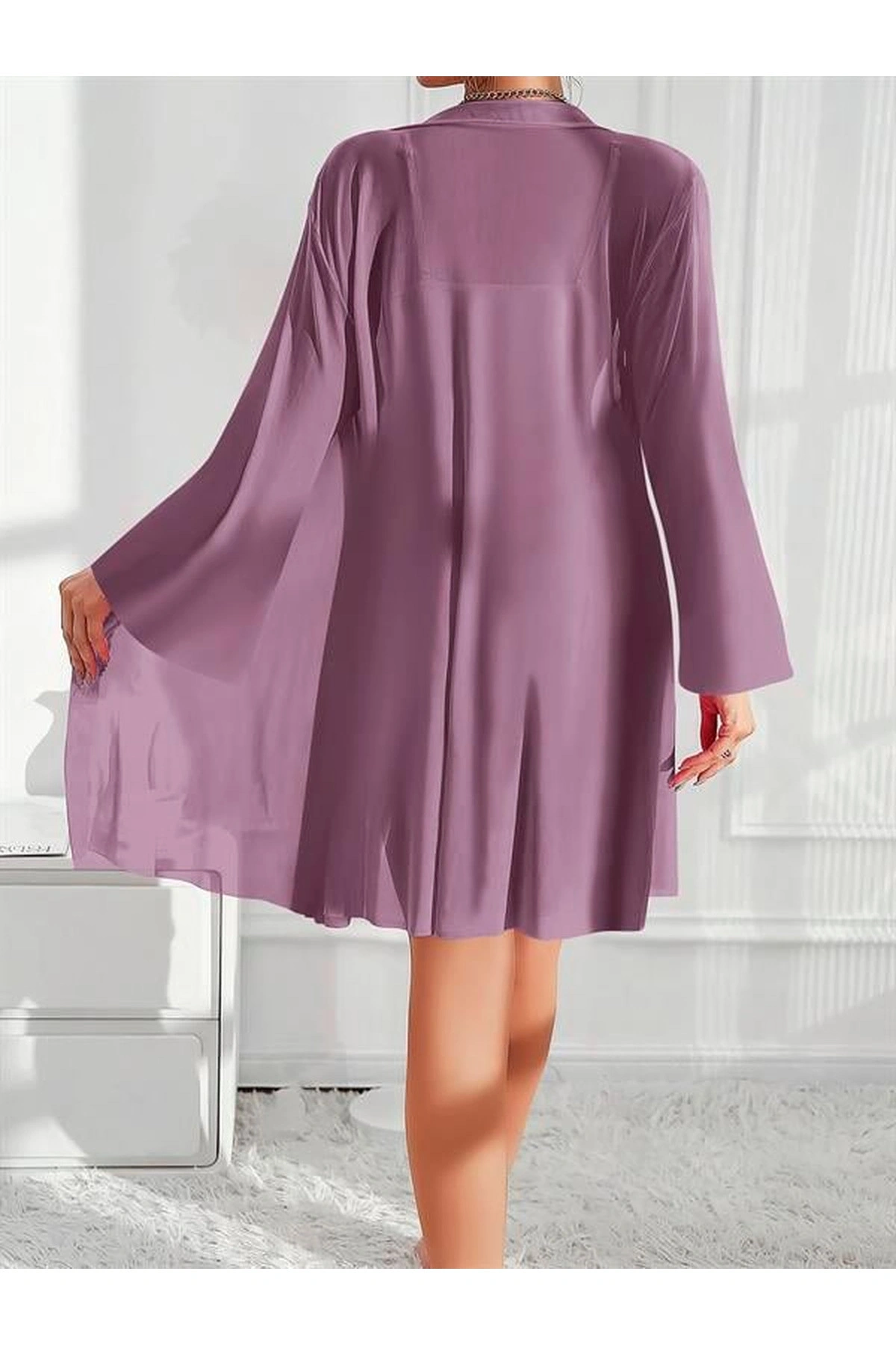 Dantel İşlemeli Fırfırlı Sabahlıklı Gecelik Takımı Mor Renk