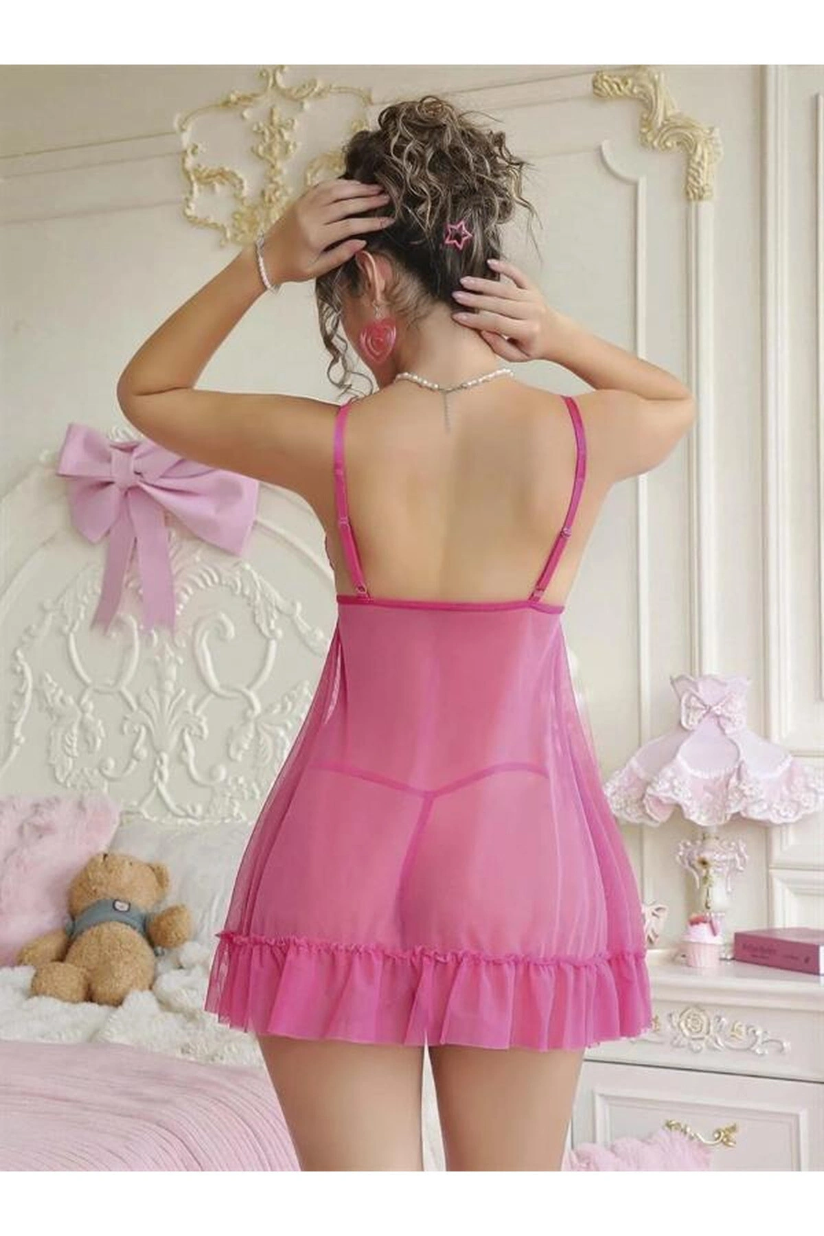 Dantel İşlemeli Fiyonklu Fantezi String Tül Gecelik Takımı Fuşya Renk