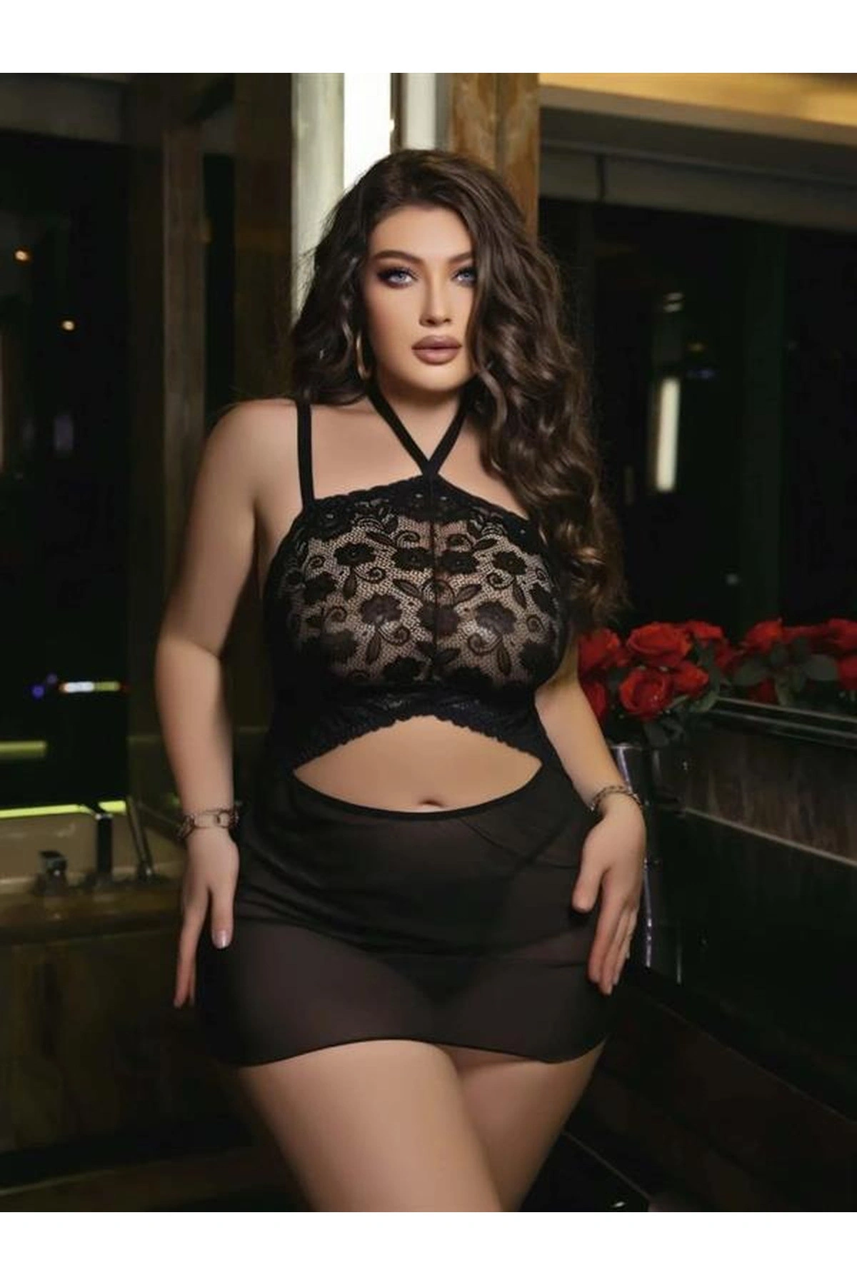 Dantel İşlemeli Göğüs Dekolteli Boyundan Bağlamalı Fantezi Tül Gecelik Siyah Renk