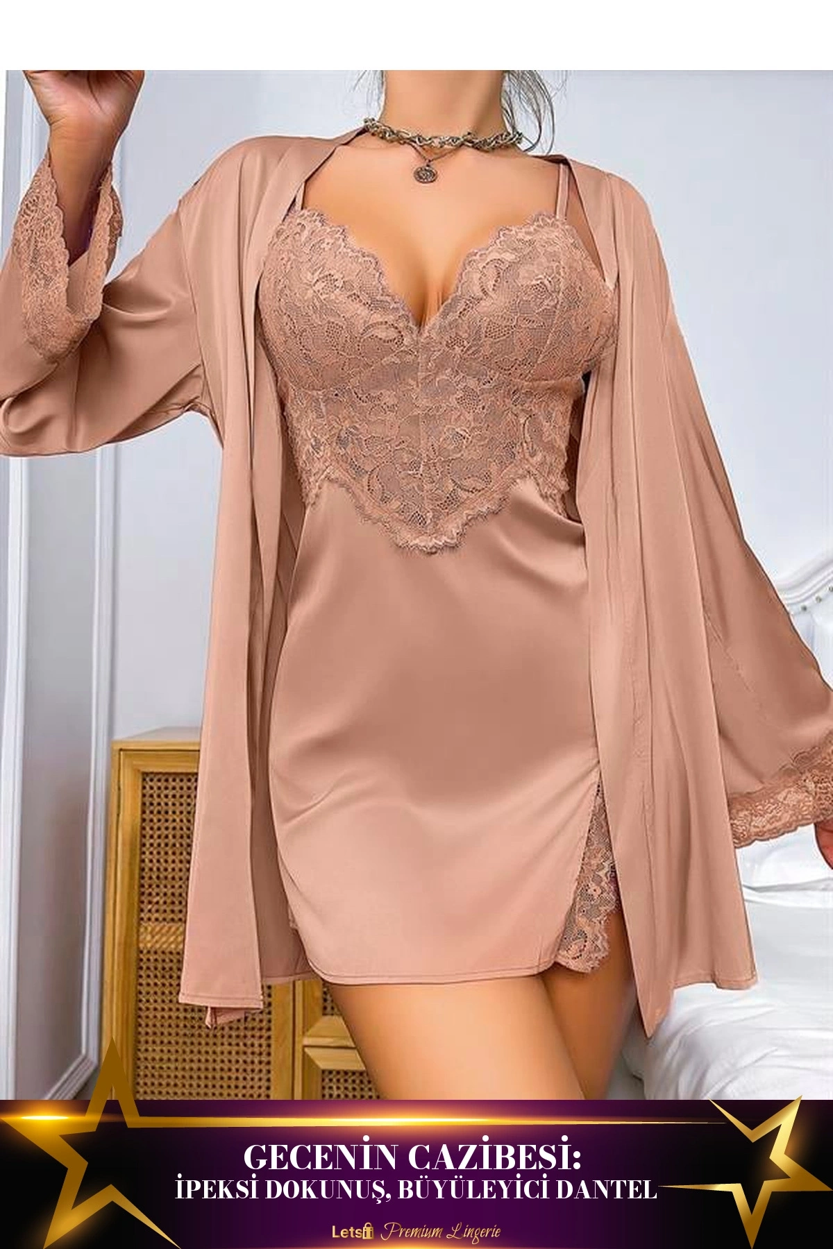 Dantel İşlemeli Göğüs Dekolteli Sabahlıklı 2Li Saten Gecelik Takımı Standart Renk