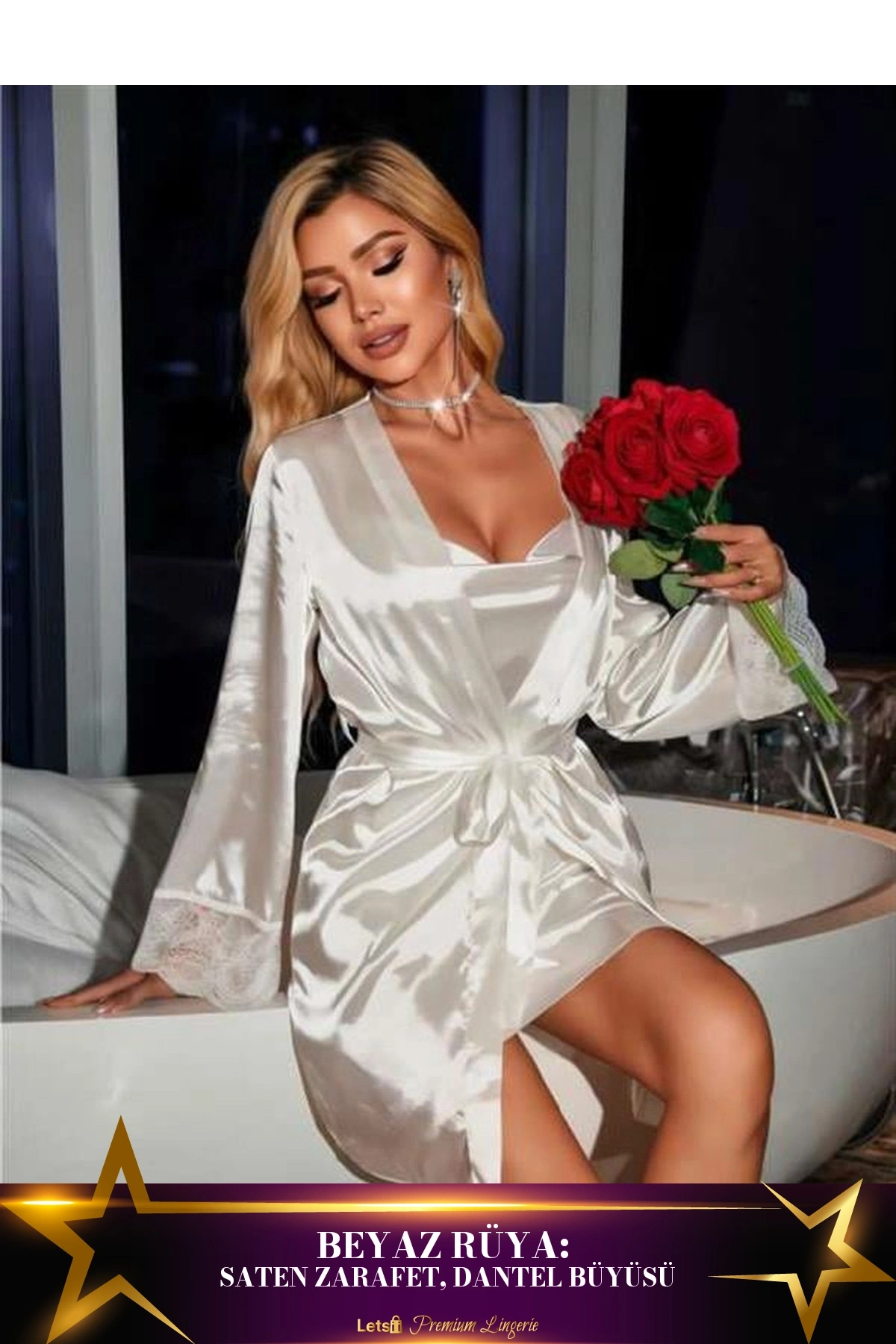 Dantel İşlemeli İnce Askılı Saten Gecelik Sabahlık Takımı Beyaz Renk