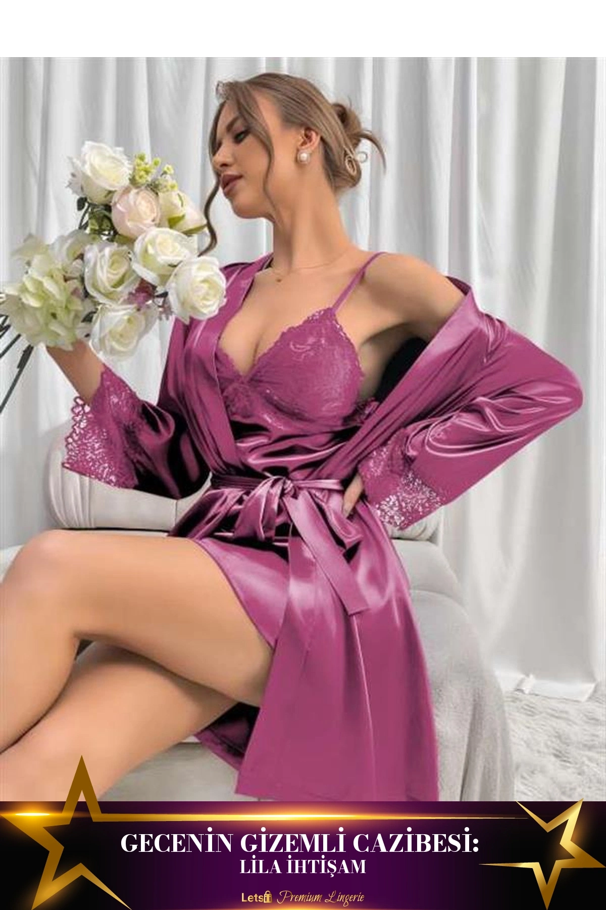 Dantel İşlemeli İnce Askılı Saten Gecelik Sabahlık Takımı Lila Renk