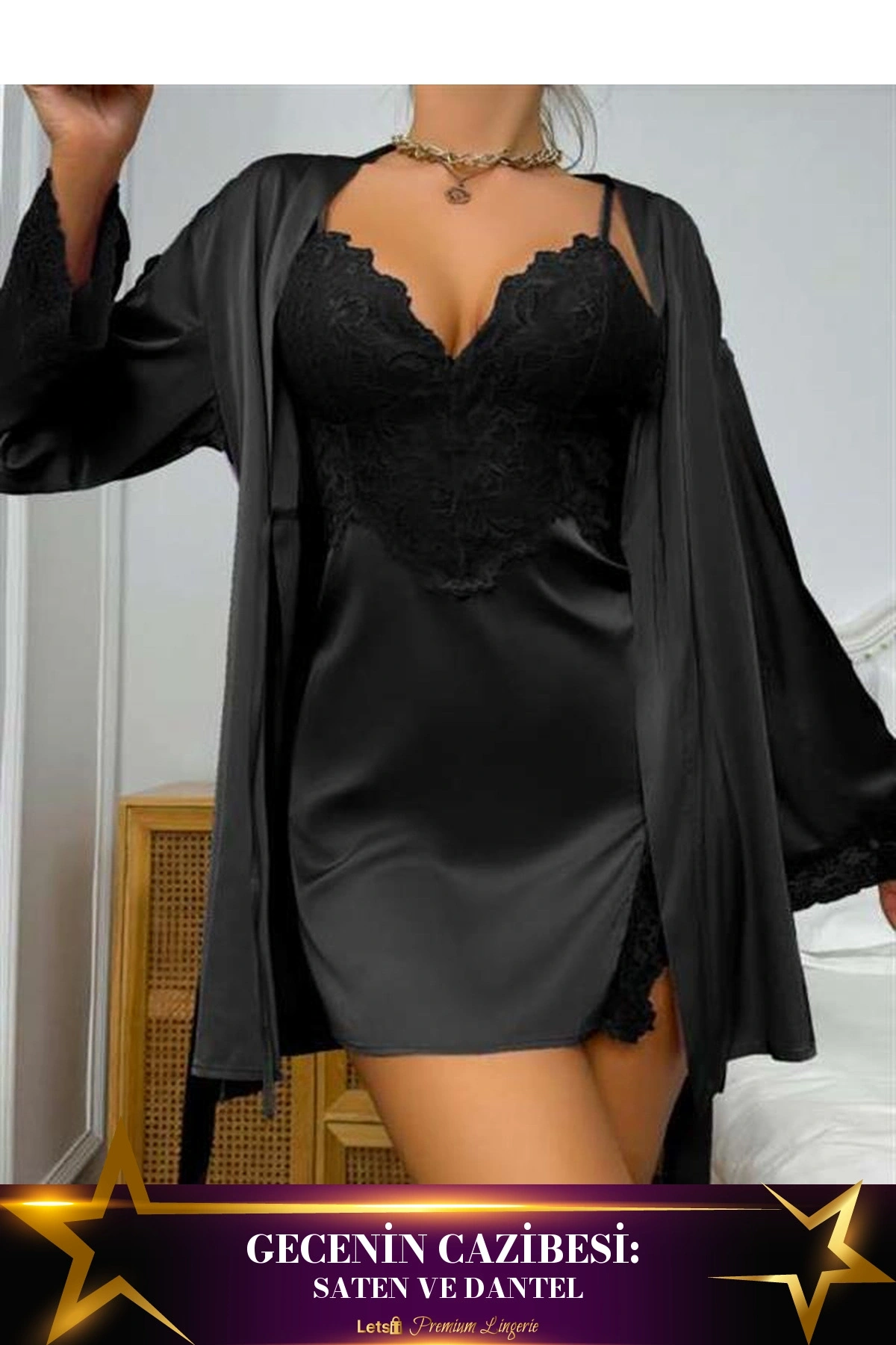 Dantel İşlemeli İnce Askılı Saten Gecelik Sabahlık Takımı Siyah Renk