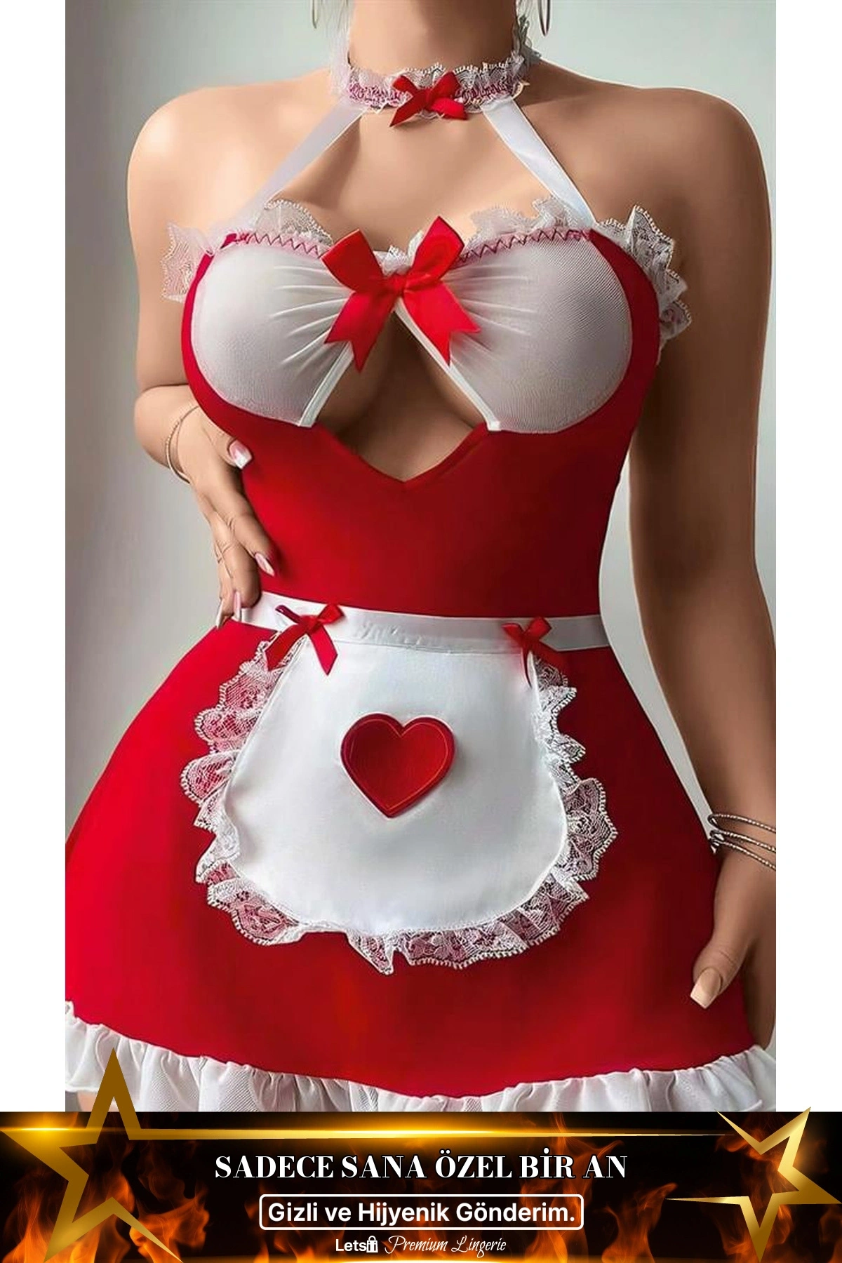 Dantel İşlemeli Kalp Detaylı Fantezi Fransız Hizmetçi Kostümü Kırmızı Renk