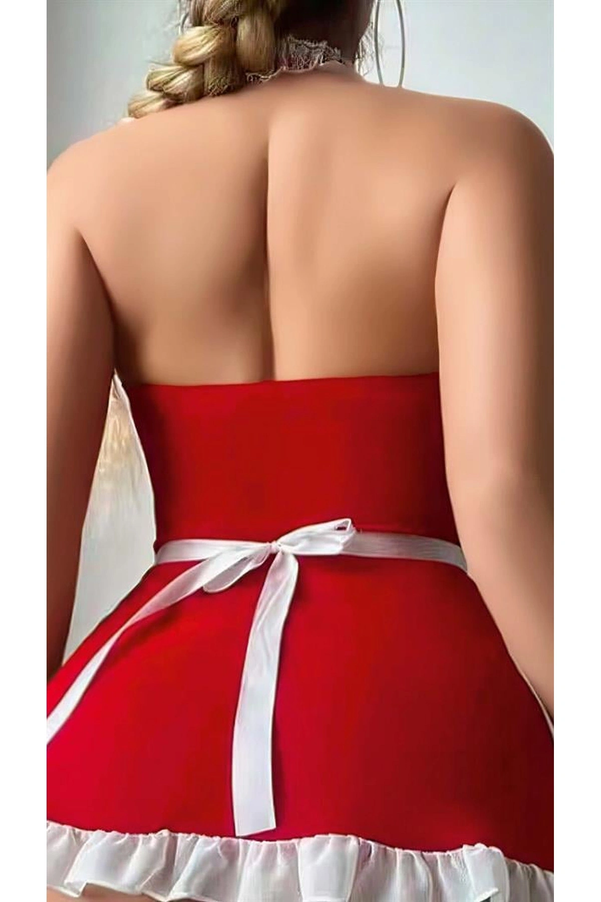 Dantel İşlemeli Kalp Detaylı Fantezi Fransız Hizmetçi Kostümü Kırmızı Renk