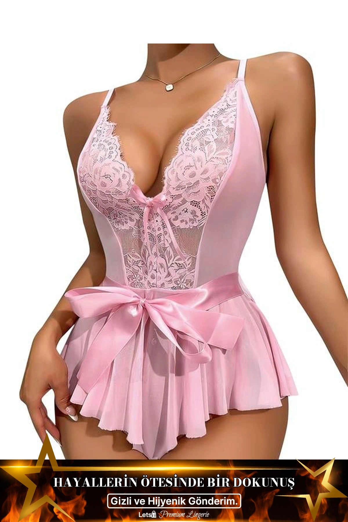 Dantel İşlemeli Kurdelalı Tül Babydoll Pembe Renk