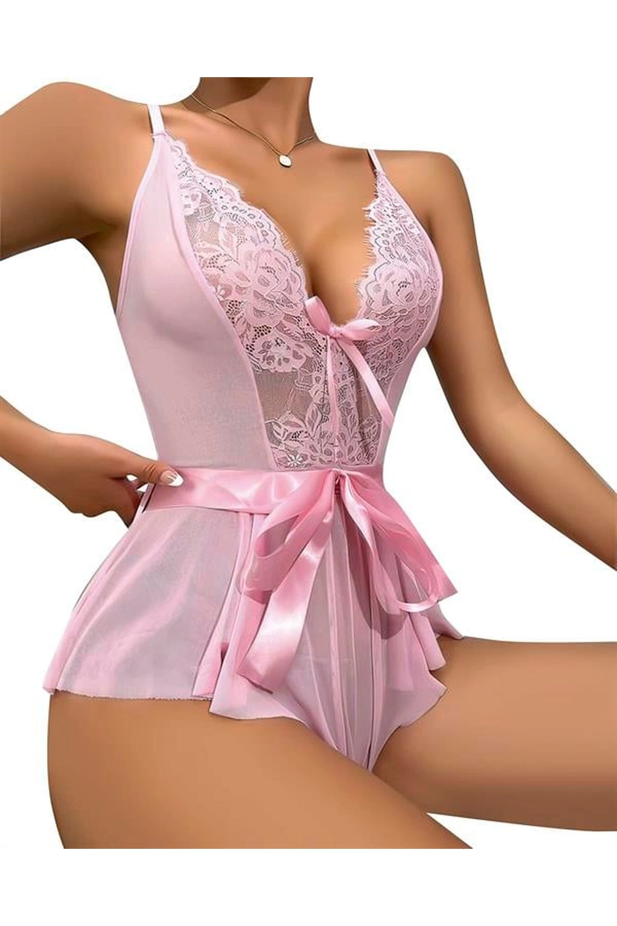 Dantel İşlemeli Kurdelalı Tül Babydoll Pembe Renk