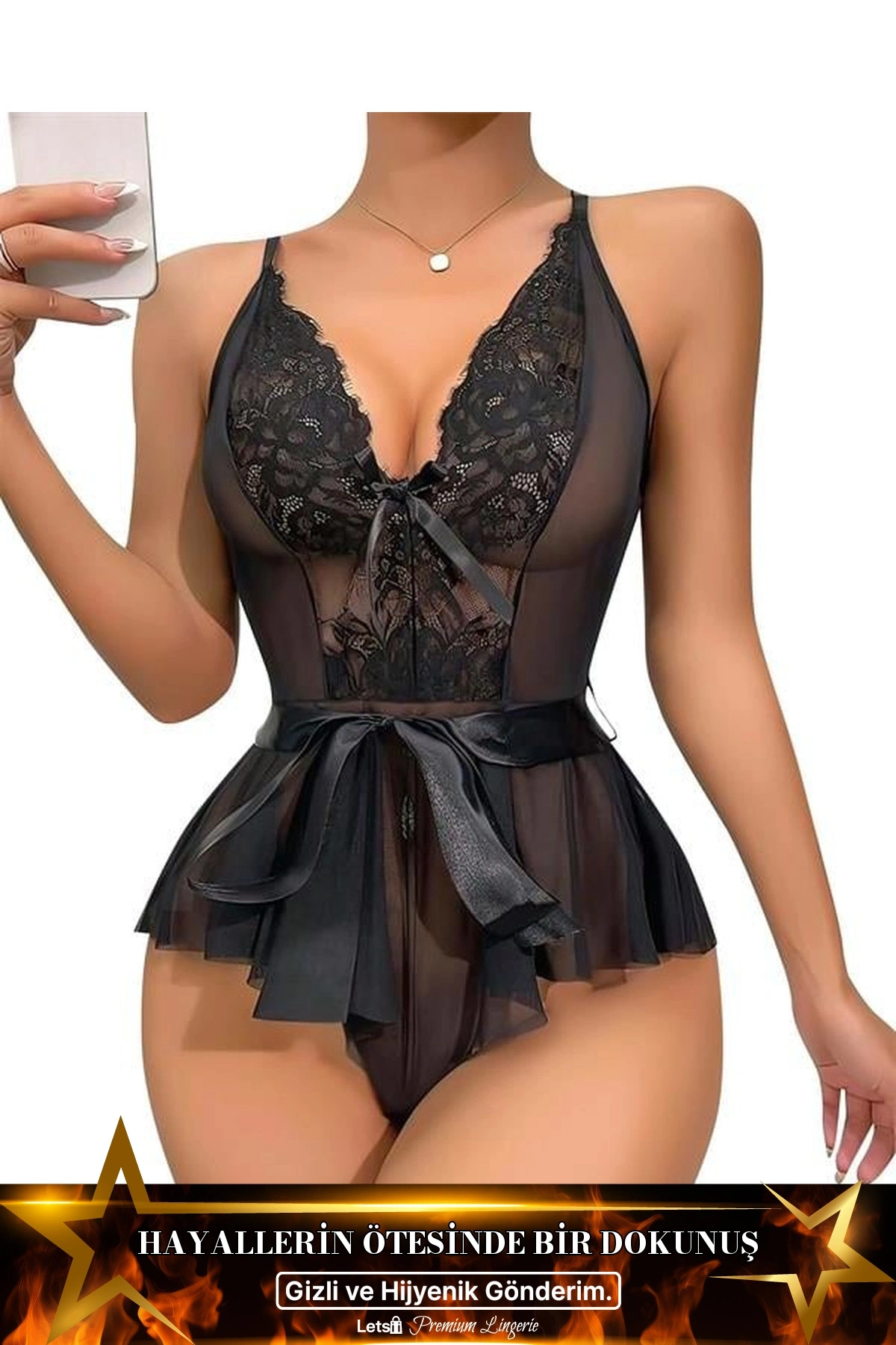 Dantel İşlemeli Kurdelalı Tül Babydoll Siyah Renk