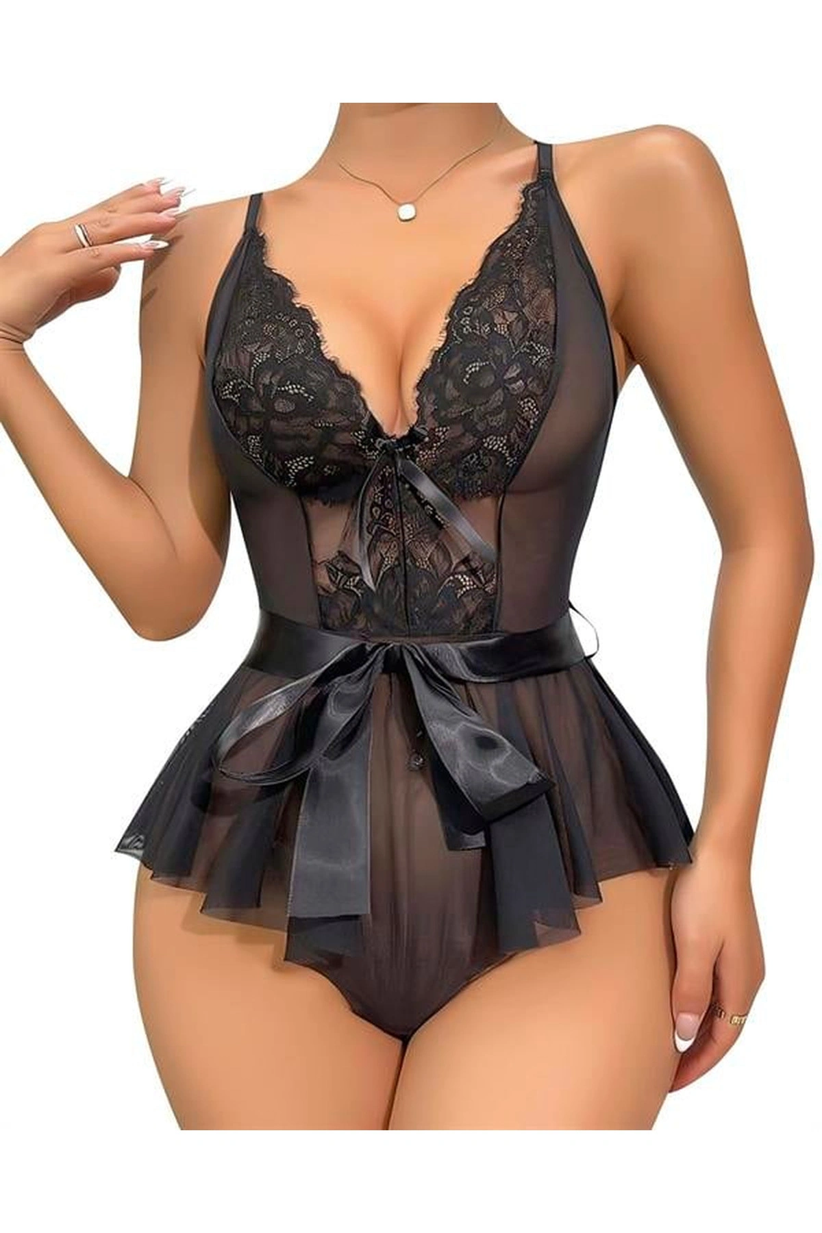 Dantel İşlemeli Kurdelalı Tül Babydoll Siyah Renk