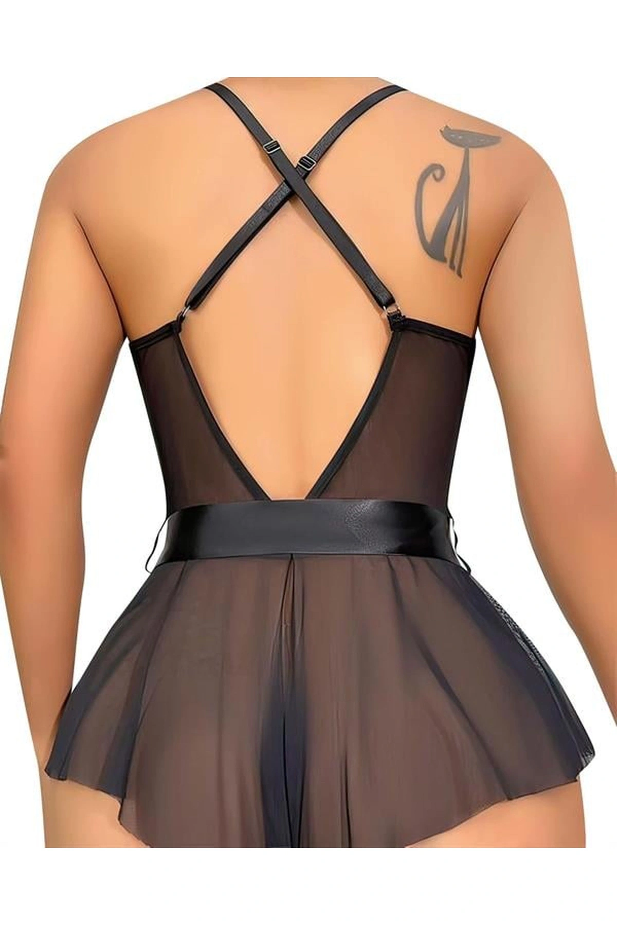 Dantel İşlemeli Kurdelalı Tül Babydoll Siyah Renk