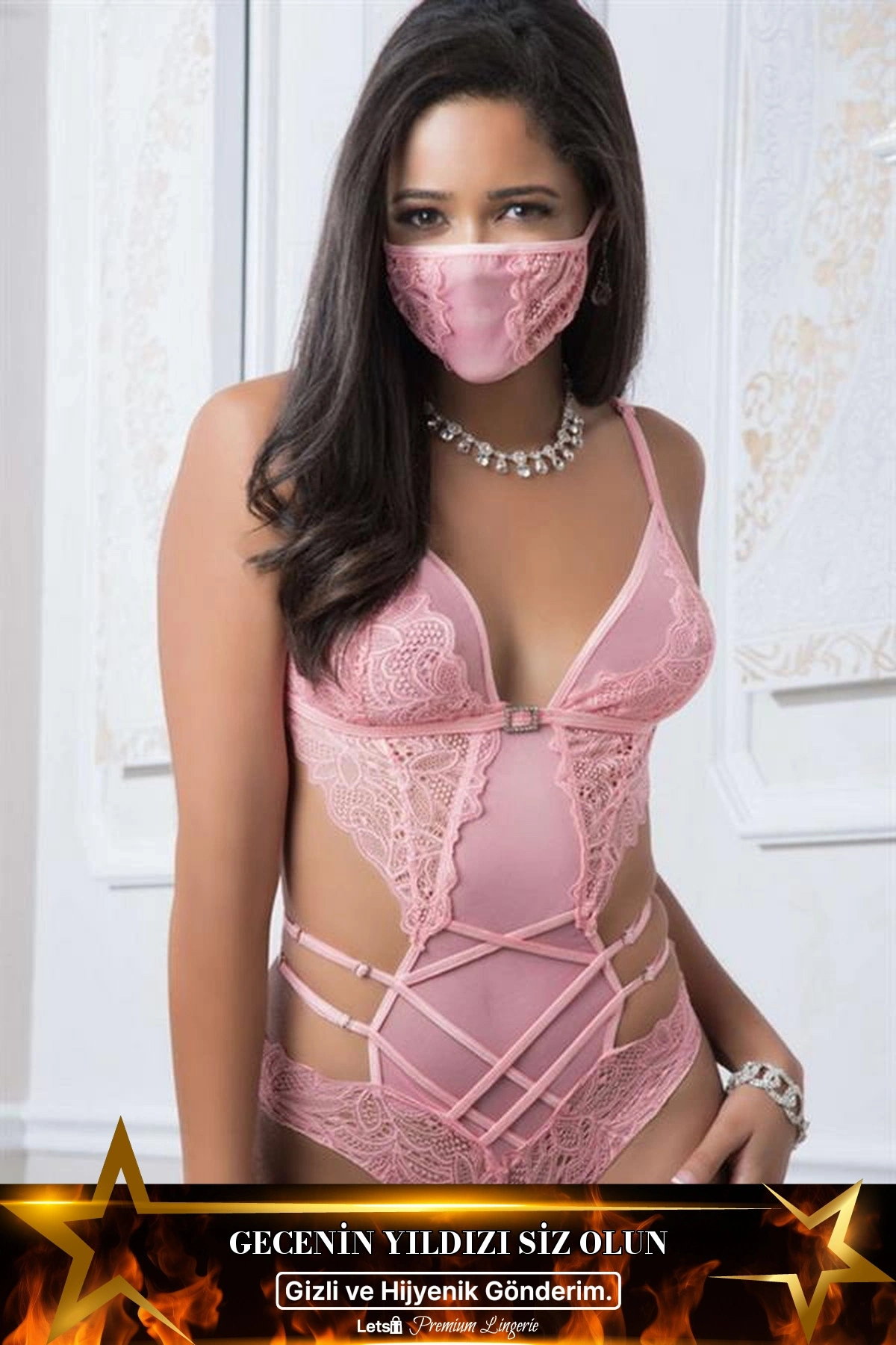 Dantel İşlemeli Maskeli Fantezi Body Pembe Renk