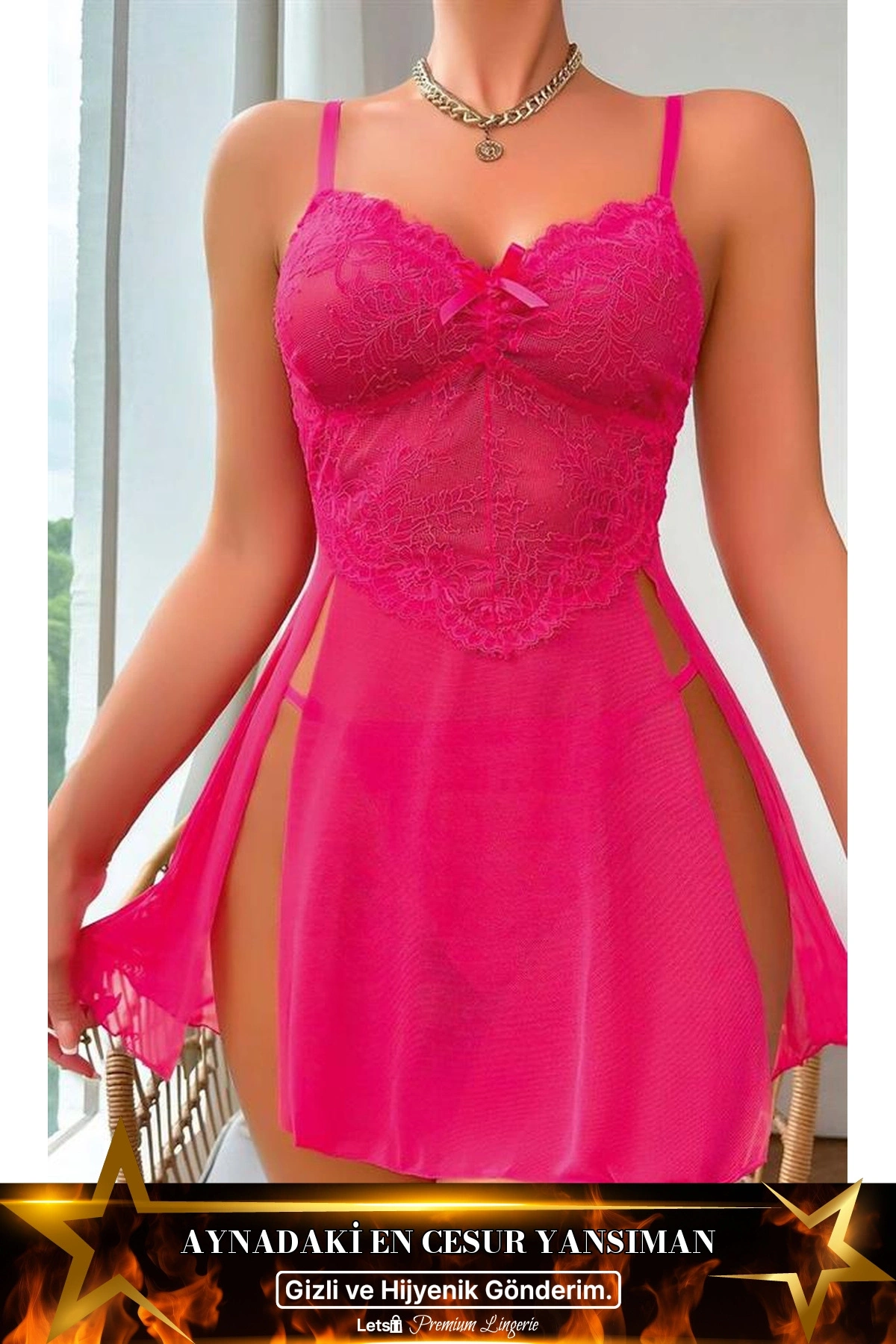 Dantel İşlemeli Transparan Tül Fantezi Gecelik Fuşya Renk