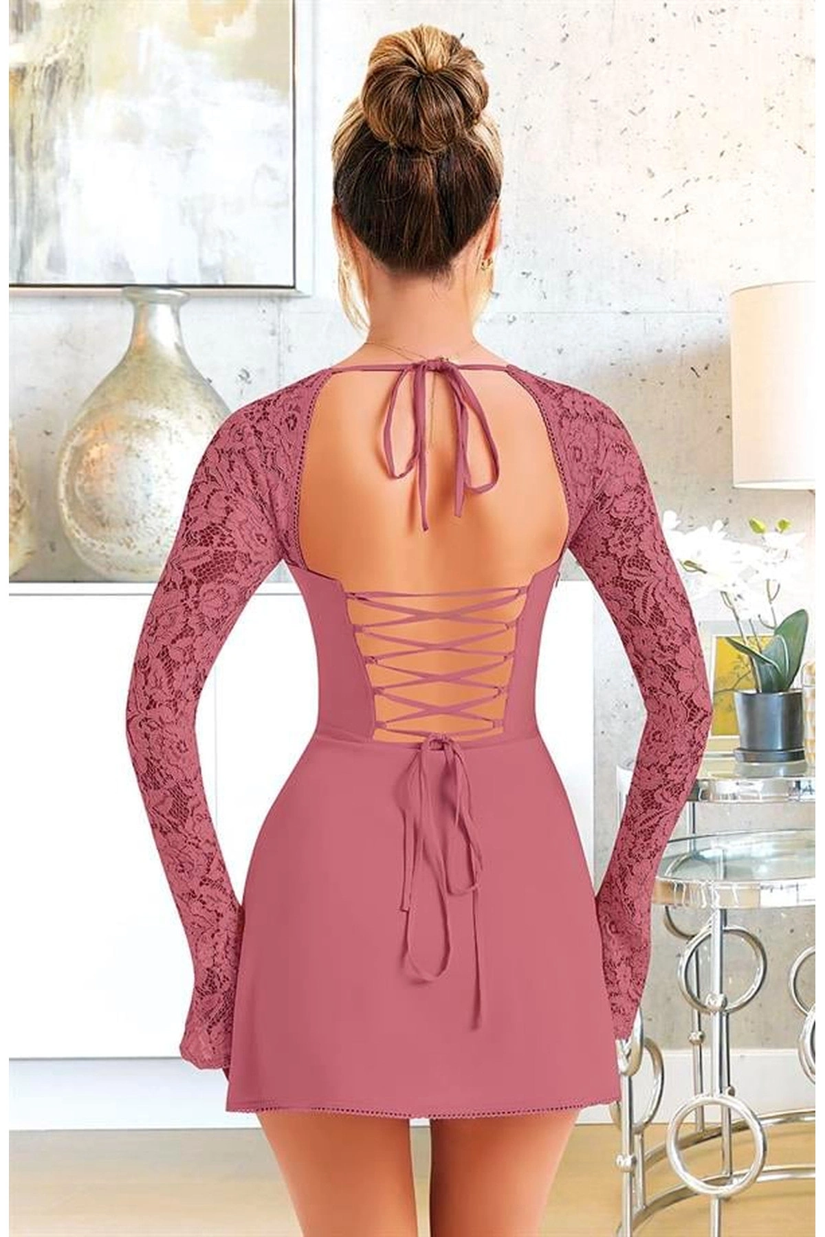 Dantel İşlemeli Uzun Bolerolu Fantezi Mini Club Elbise Fuşya Renk