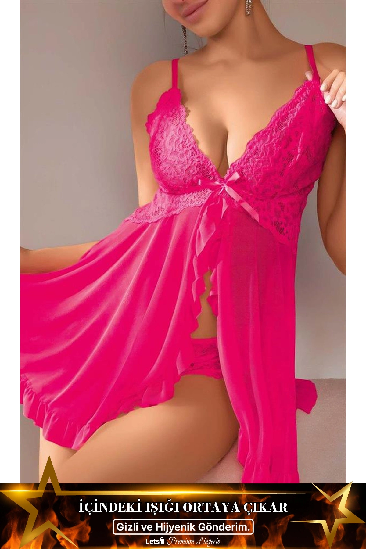 Dantel İşlemeli Yırtmaçlı Transparan Fantezi Tül Gecelik Fuşya Renk