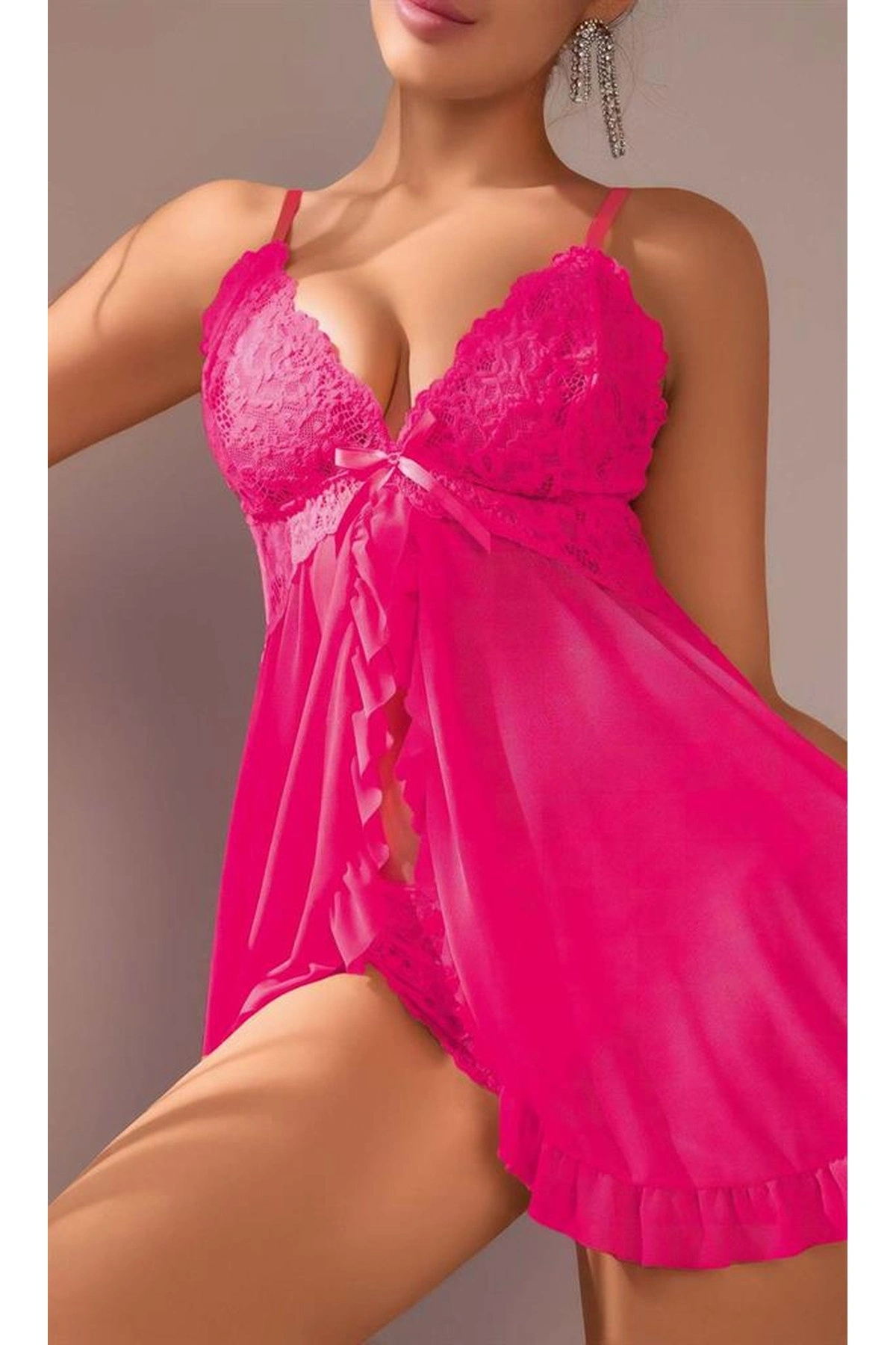 Dantel İşlemeli Yırtmaçlı Transparan Fantezi Tül Gecelik Fuşya Renk