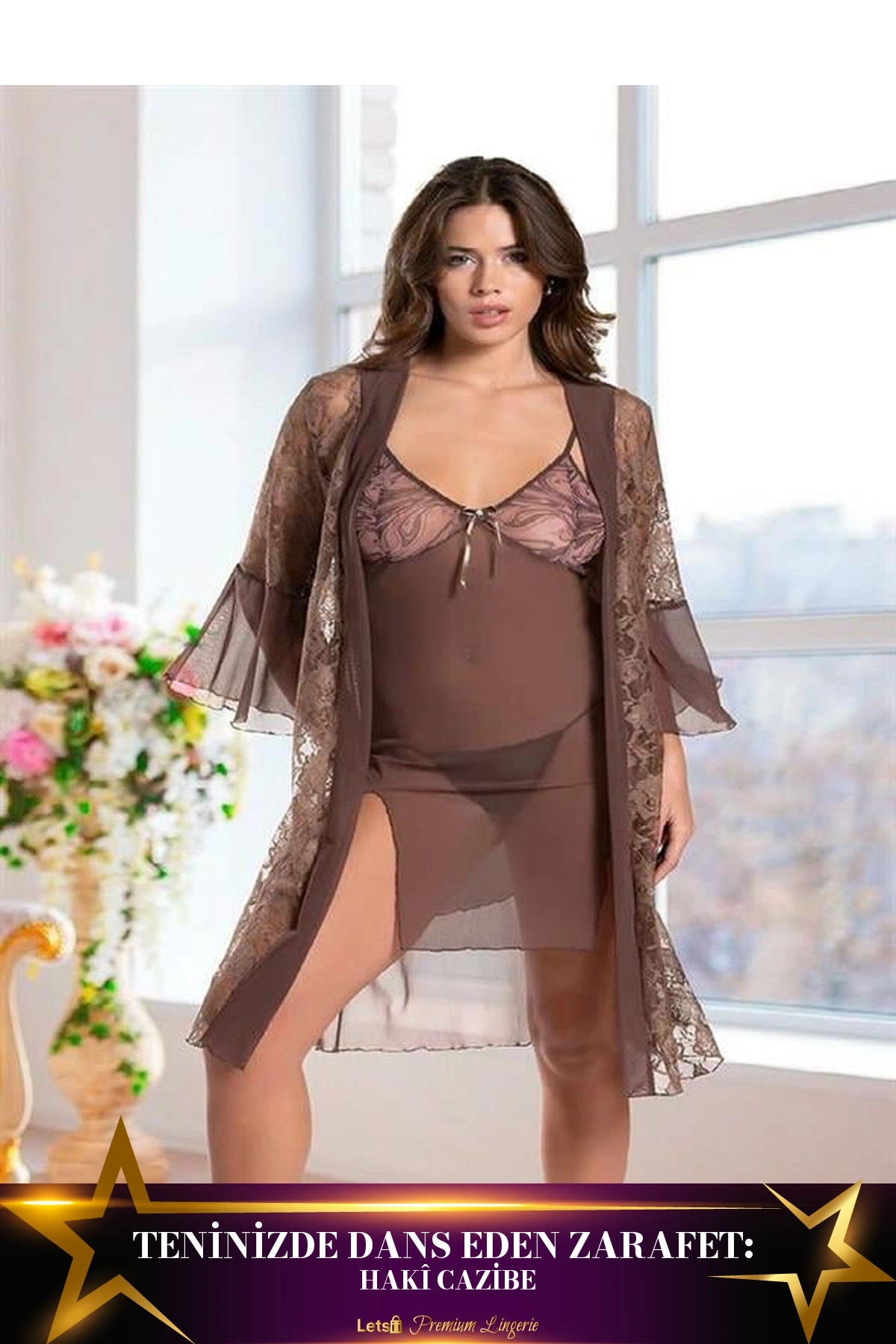 Dantel İşlemeli Yırtmaçlı Tül Gecelik Takımı Haki Renk