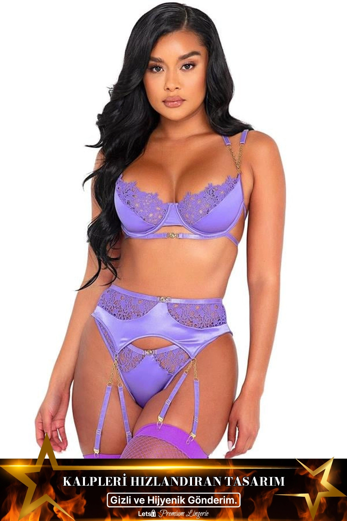 Dantel İşlemeli Zincir Detaylı Fantezi Jartiyer Takımı Mor Renk