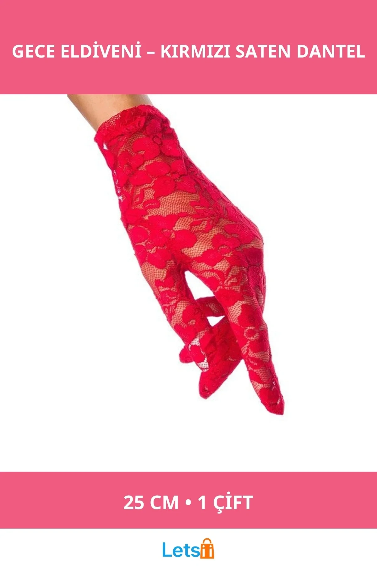 Dantelli Kırmızı Gece Eldiveni Uzun Saten 25 cm