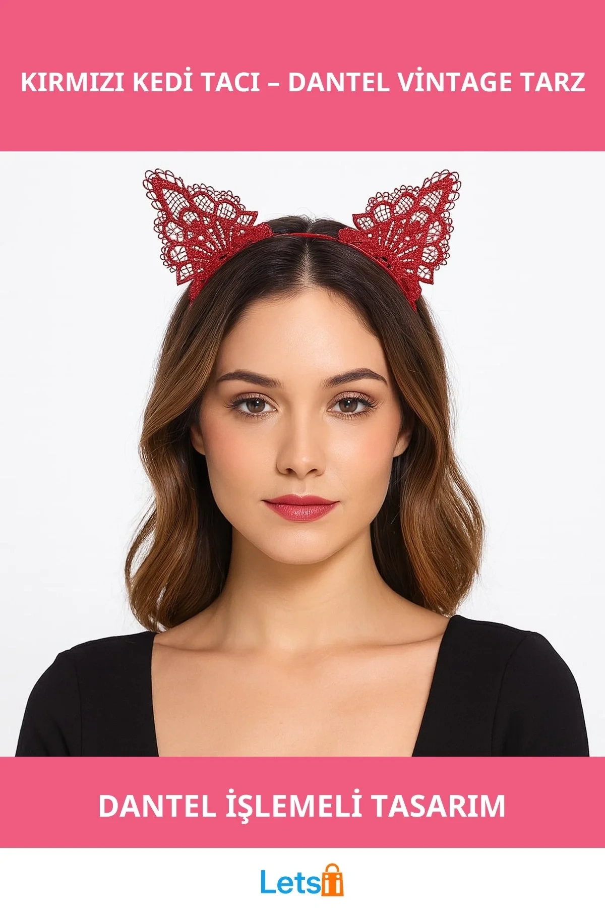 Dantelli Kırmızı Vintage Kedi Tacı Kedi Kulak