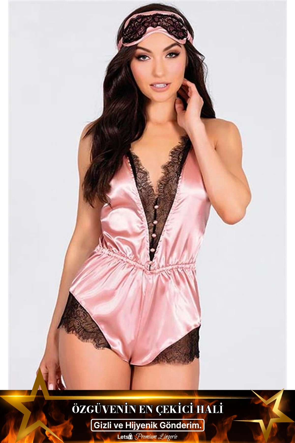 Dantelli Sırt Çapraz Şortlu Fantezi Body Pembe Renk