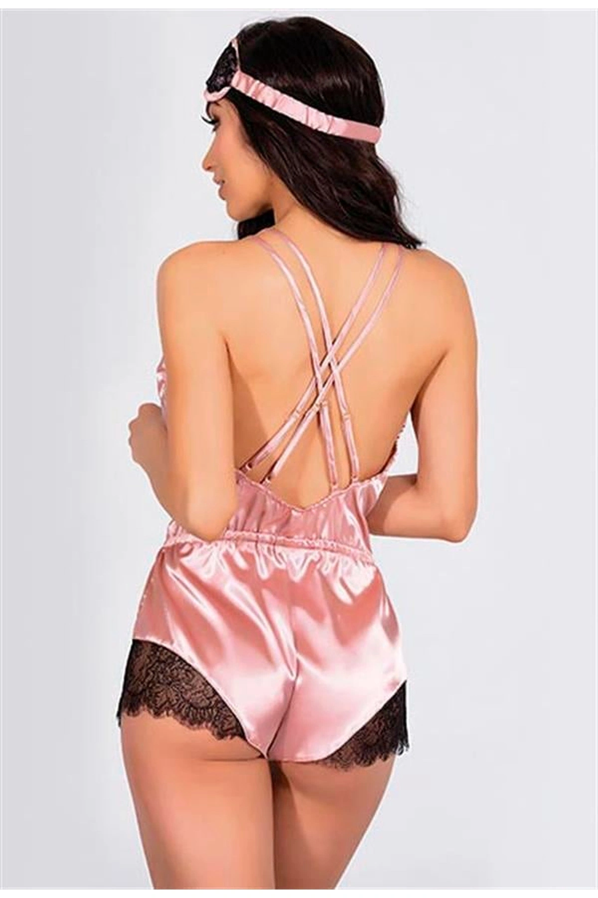 Dantelli Sırt Çapraz Şortlu Fantezi Body Pembe Renk