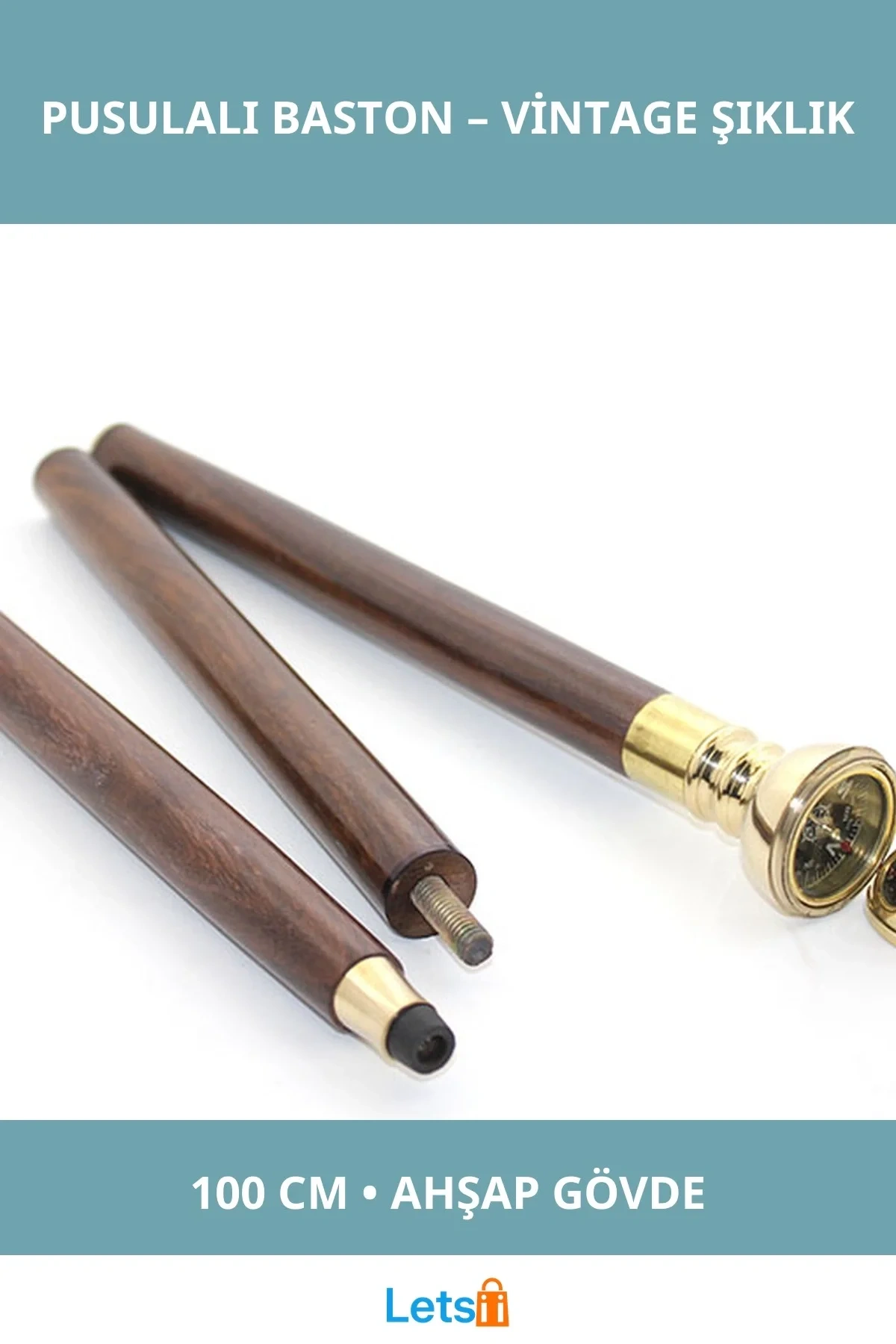 Dayanıklı Ahşap 100 cm Pirinç Pusulalı Baston