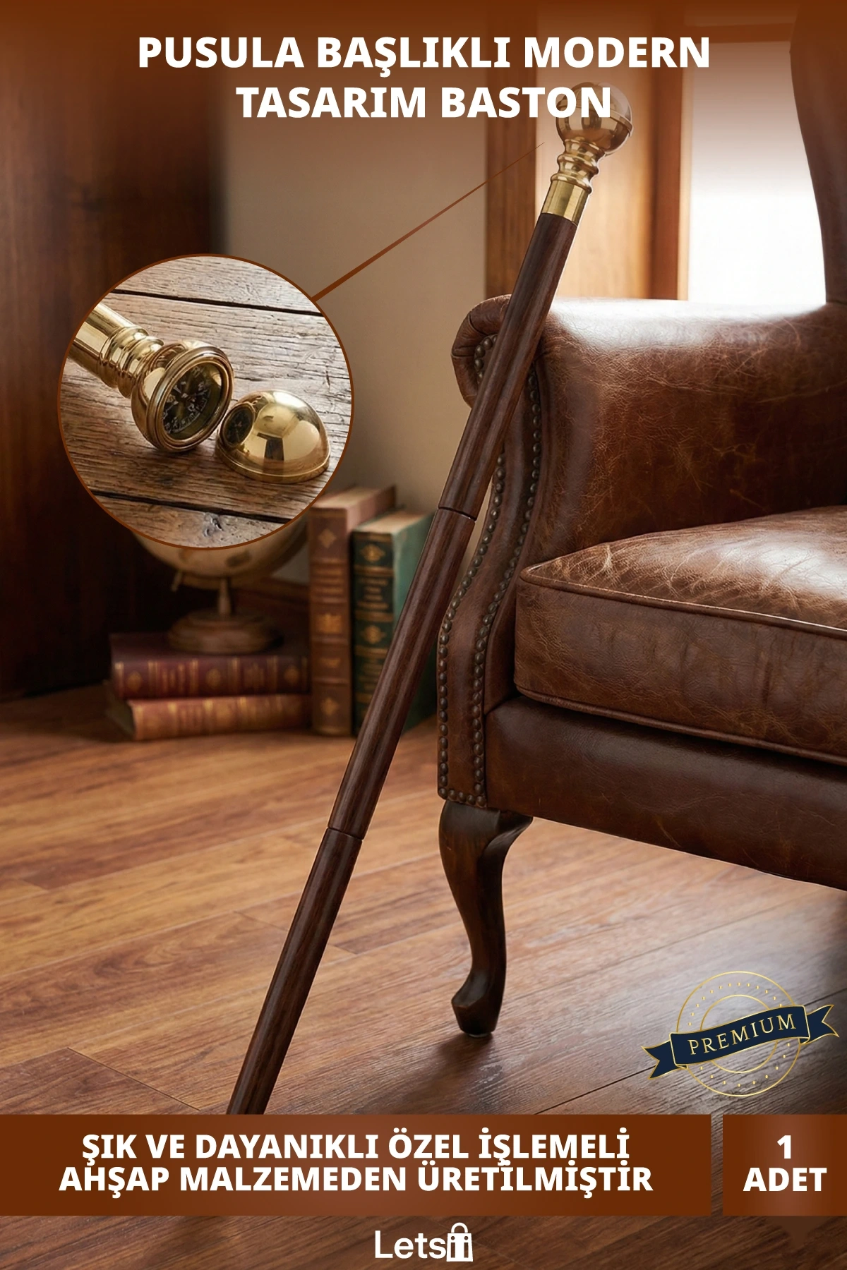 Pirinç Pusula Başlıklı Özel İşlemeli Tasarım Baston 100 cm