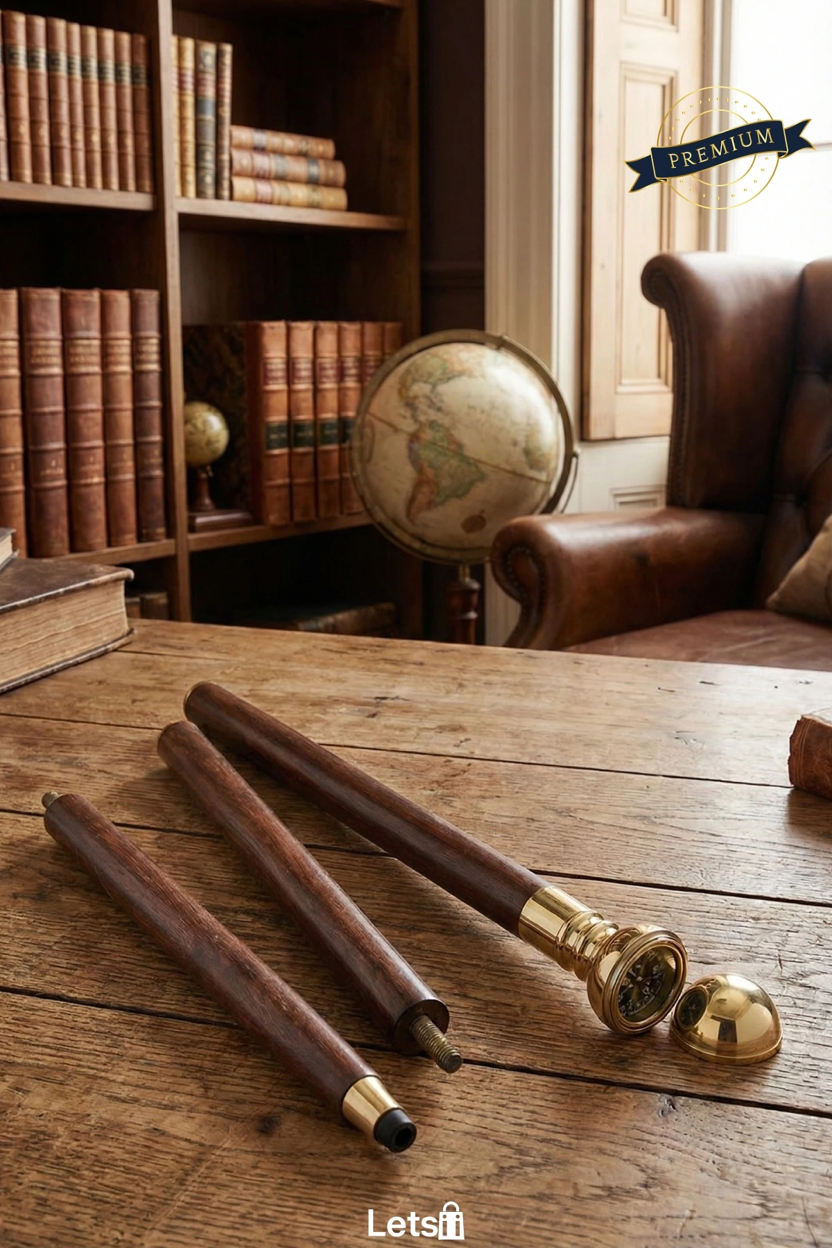 Pirinç Pusula Başlıklı Özel İşlemeli Tasarım Baston 100 cm