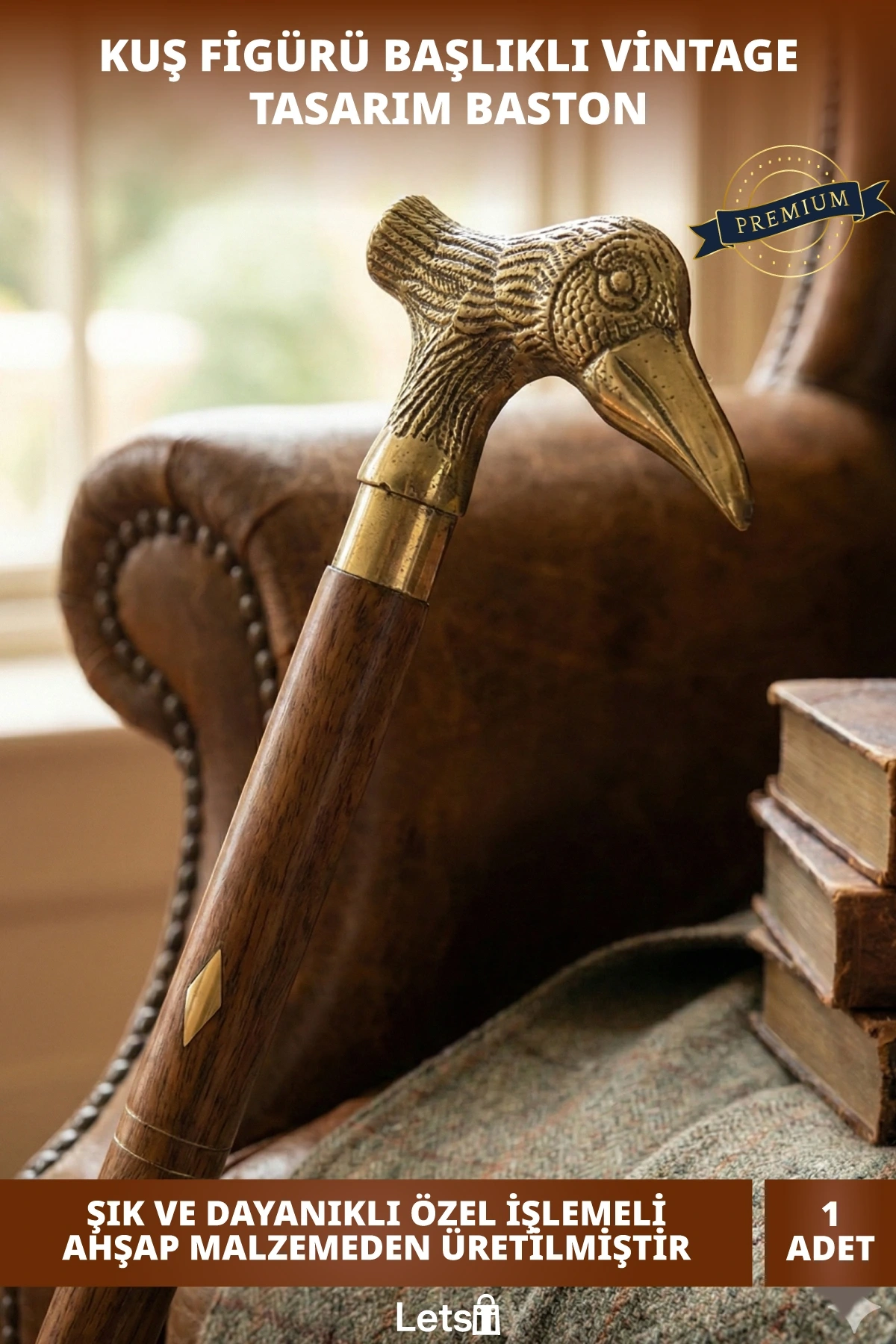 İşlemeli Kuş Detaylı Dayanıklı Ahşap Pirinç Asa Baston 100 cm