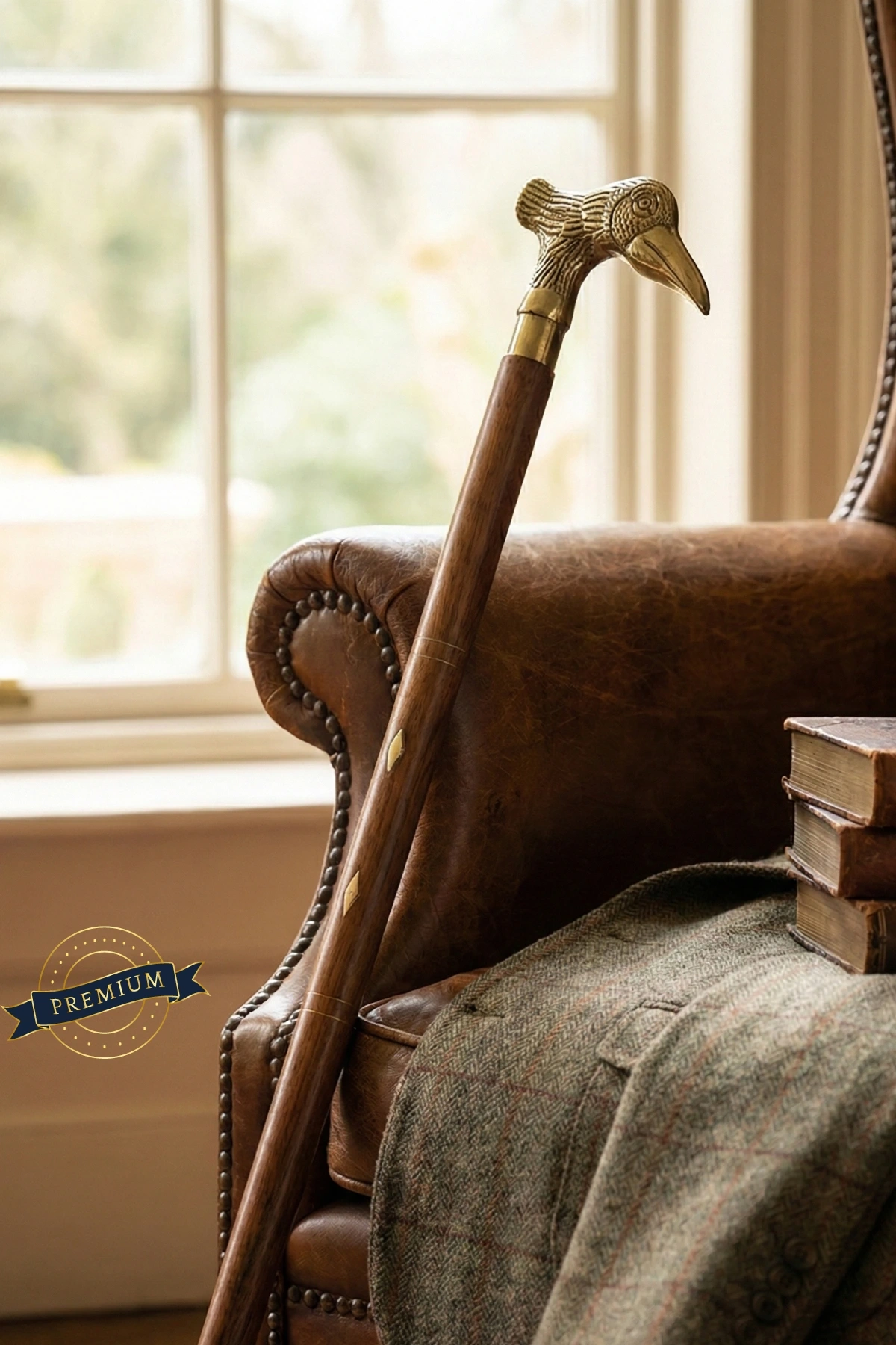 İşlemeli Kuş Detaylı Dayanıklı Ahşap Pirinç Asa Baston 100 cm