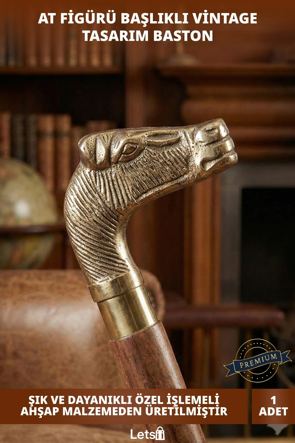 Dayanıklı Ahşap Pirinç At Büstü Başıklı Özel İşlemeli Baston 100 cm