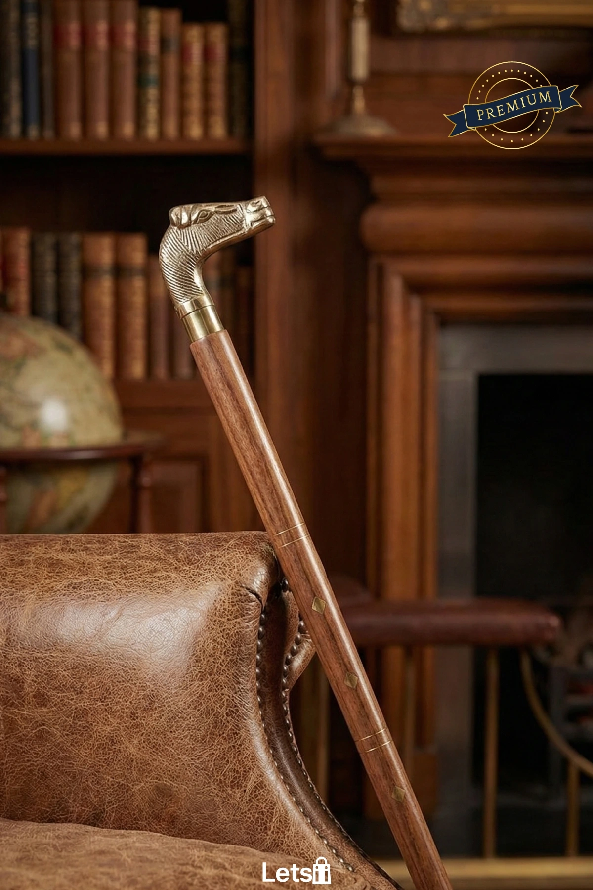 Dayanıklı Ahşap Pirinç At Büstü Başıklı Özel İşlemeli Baston 100 cm