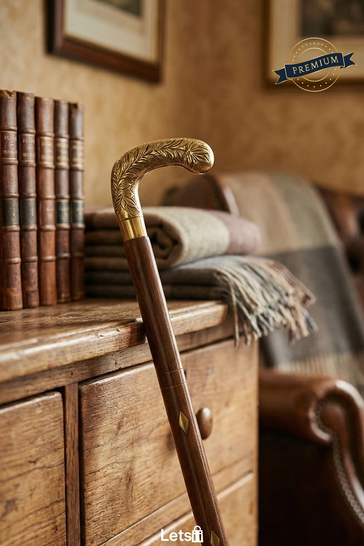 Zeytin Dalı İşlemeli Pirinç Başlıklı Dayanıklı Ahşap Baston 100 cm