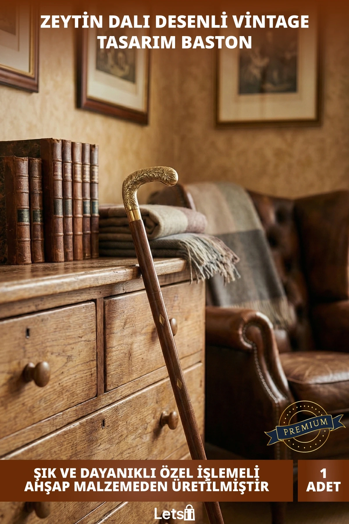 Zeytin Dalı İşlemeli Pirinç Başlıklı Dayanıklı Ahşap Baston 100 cm